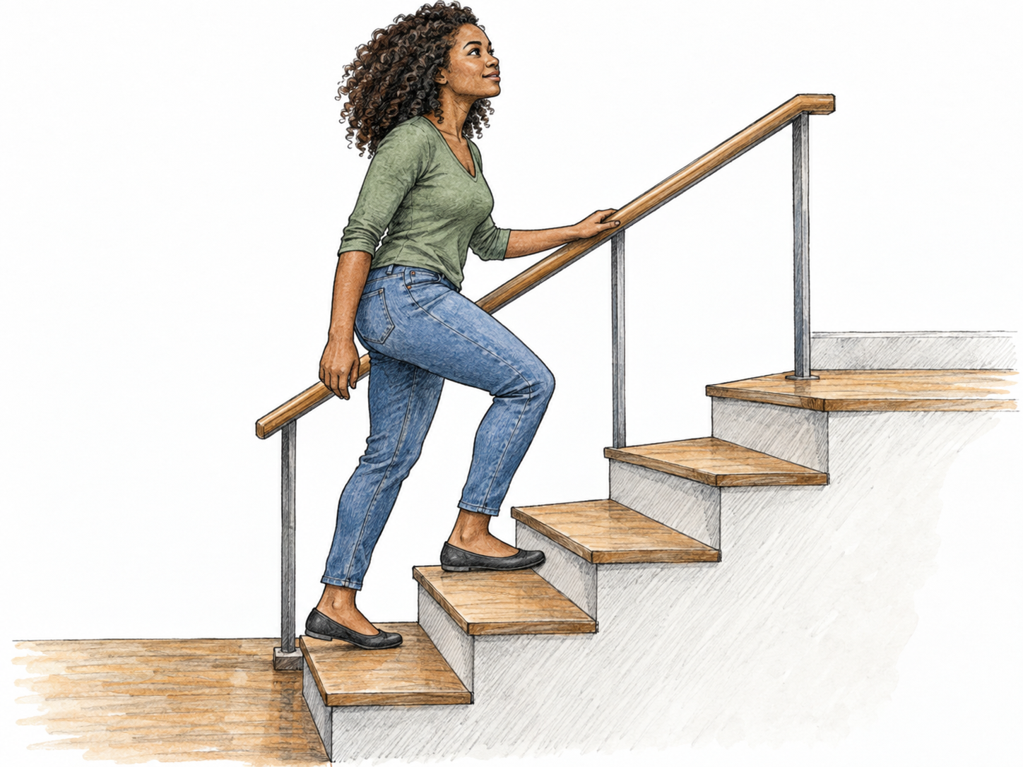 A woman actively ascending a short staircase from a lower floor toward a clearly elevated landing, making upward movement the unmistakable focus.