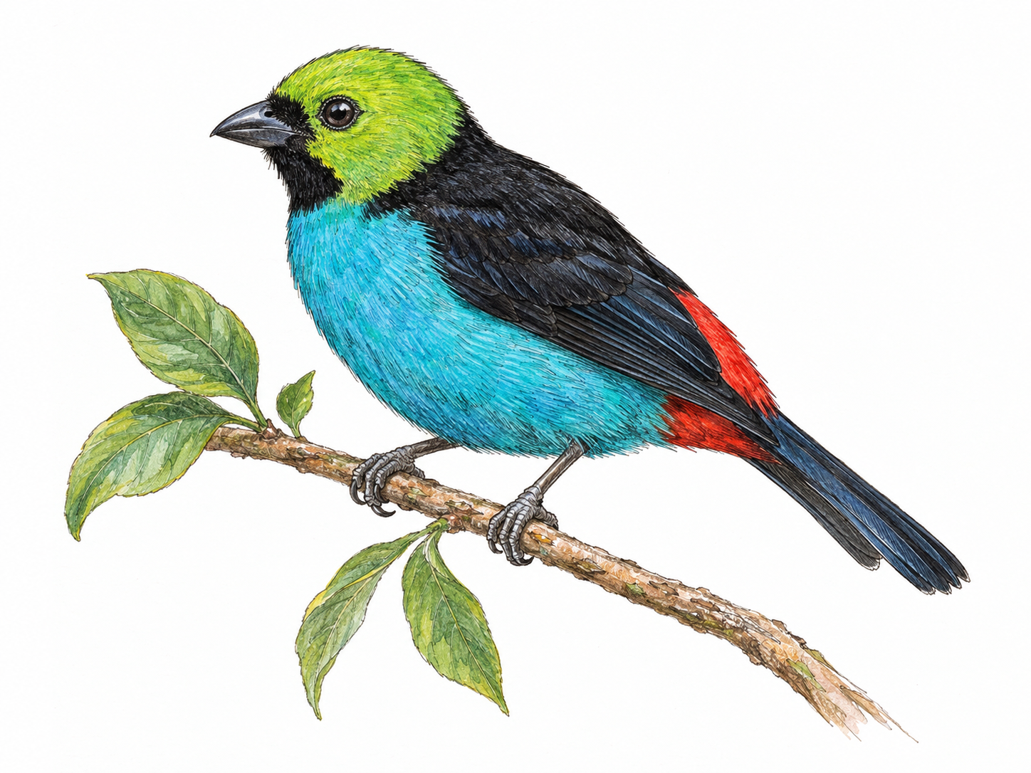 A single paradise tanager perched side-on on a slender leafy branch, its lime-green head, black back, turquoise underparts and scarlet rump clearly visible.
