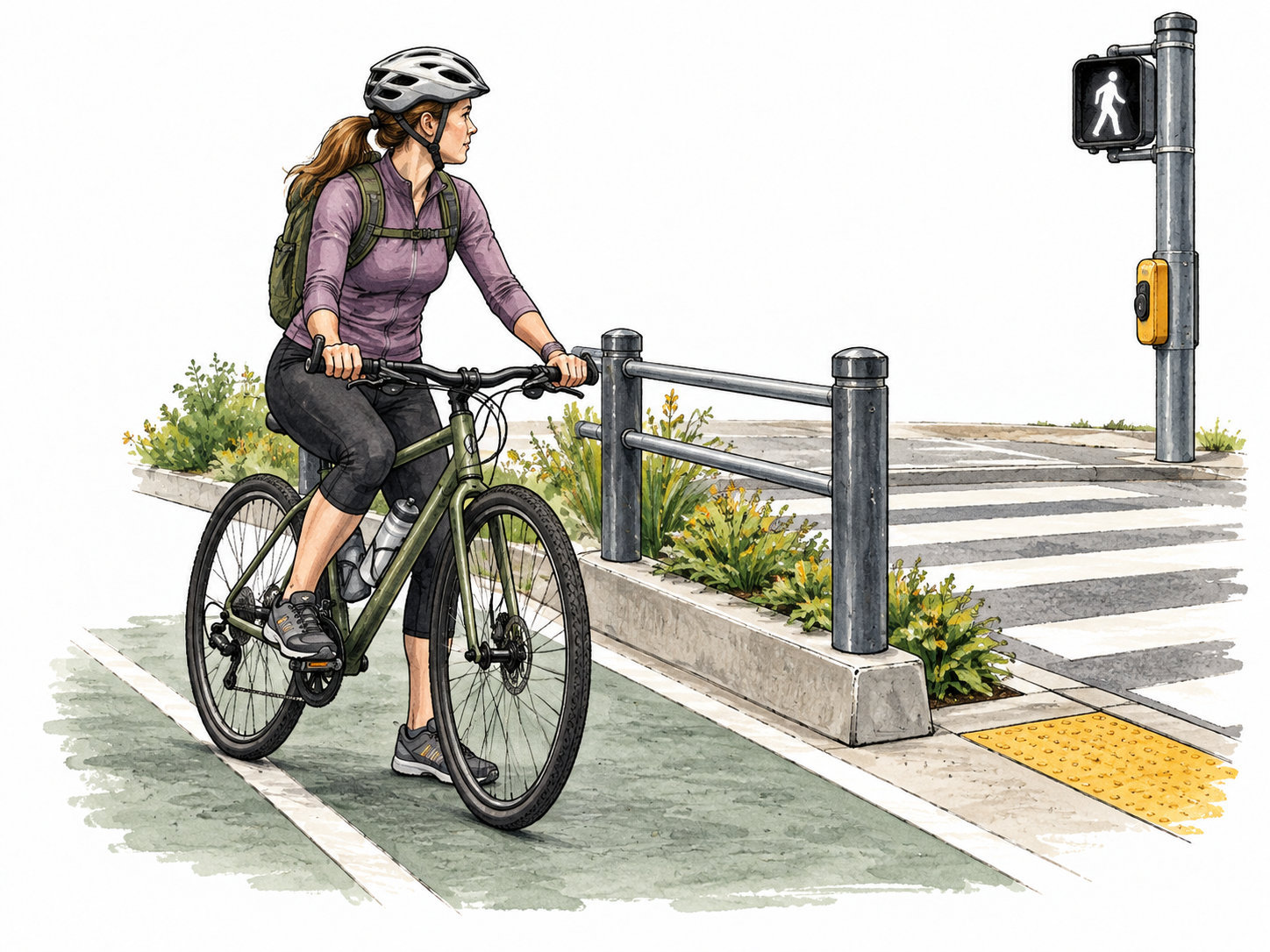 A cyclist wears a fitted helmet and stops at a protected crossing, safe separated path and guarded edge visible, no writing.