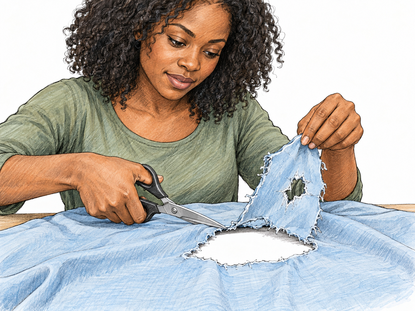 A woman cuts a damaged patch out of a piece of cloth, lifting the nearly detached patch so the surrounding cut and opening are clearly visible.