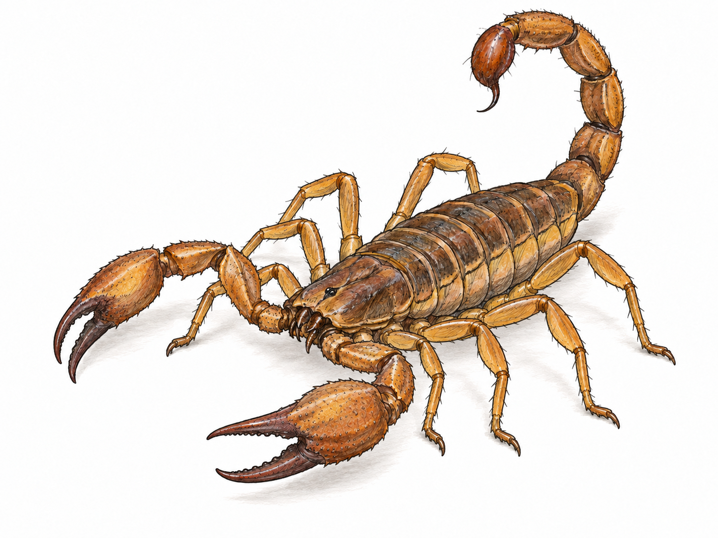 A single scorpion in an elevated three-quarter view, with its paired pincers spread, eight walking legs visible, and segmented tail arched over its back to expose the bulbous venom-bearing tip and curved stinger.