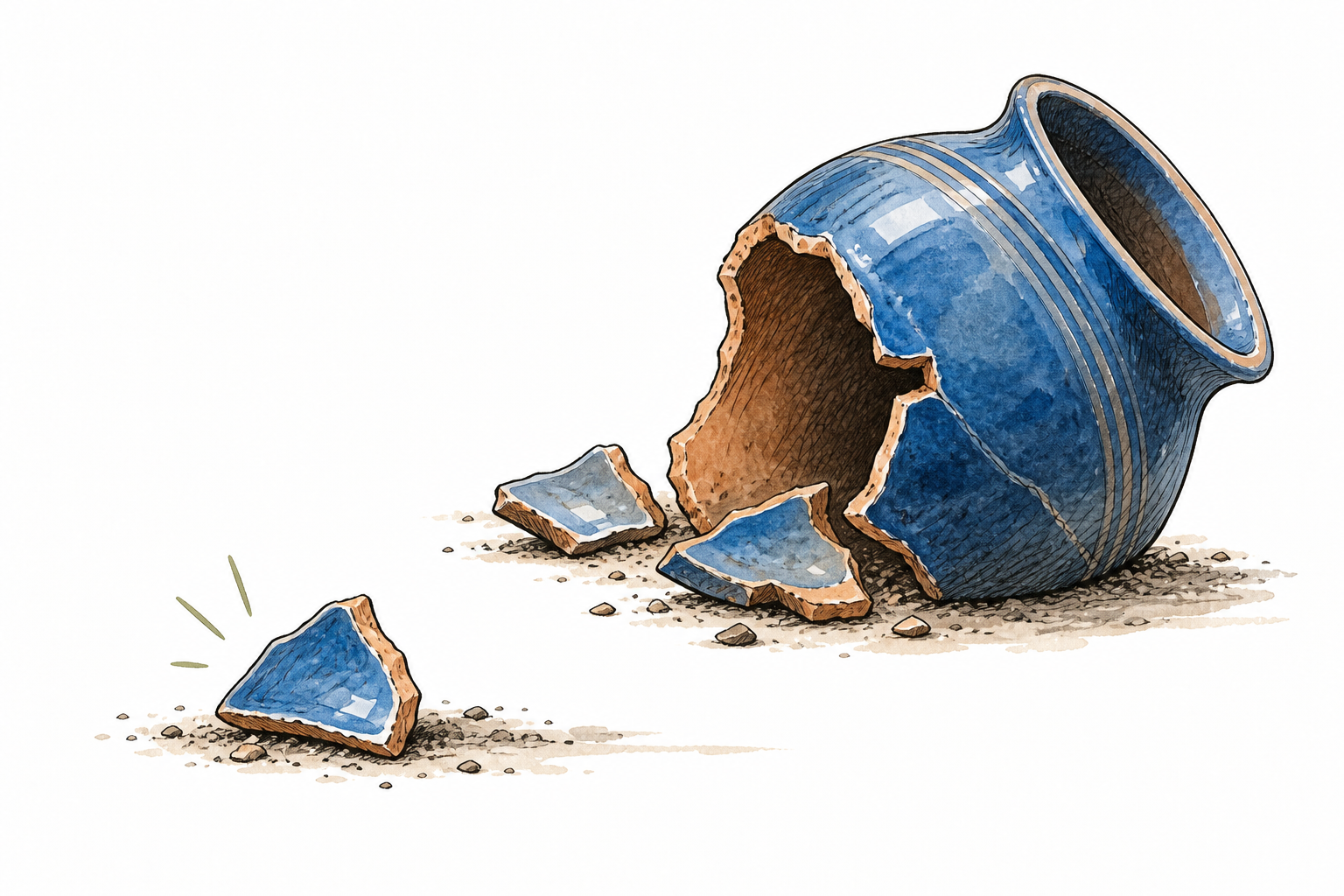 One small broken blue ceramic shard beside a larger broken pot, shard emphasized.