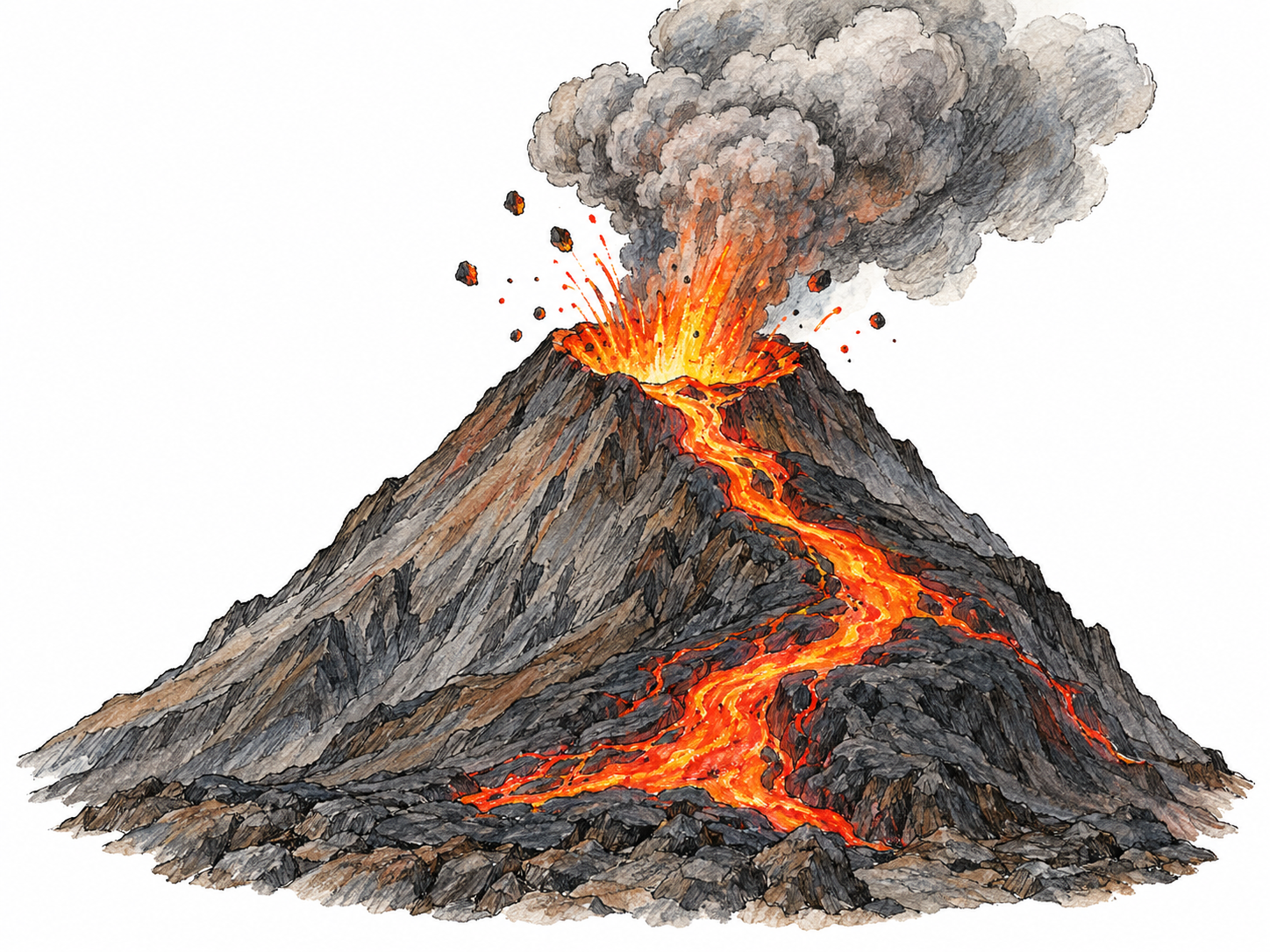 An erupting volcanic mountain with a clearly visible summit crater, glowing lava flowing down its slope, and an ash-and-gas plume rising from the opening.