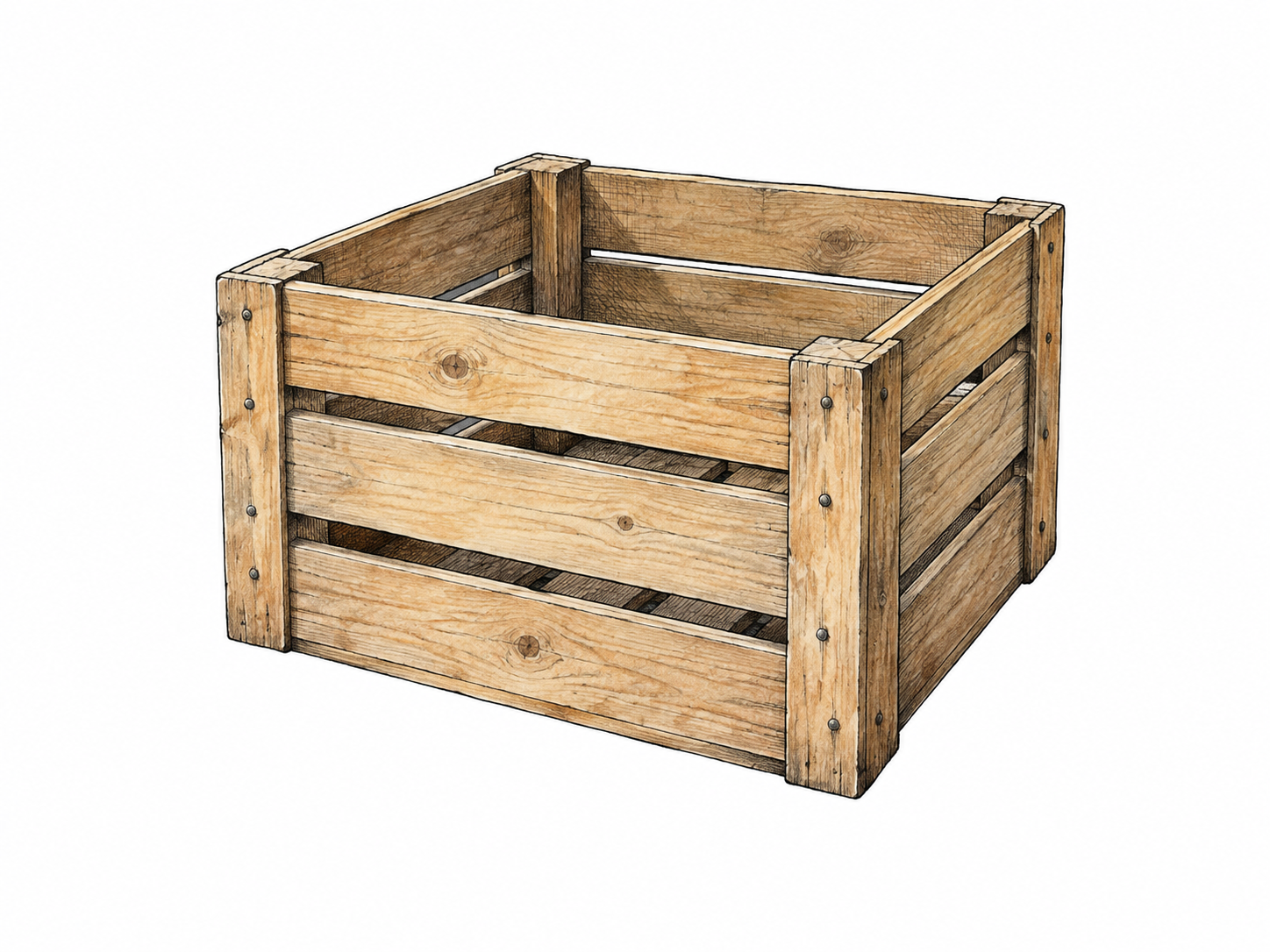 Sturdy slatted wooden shipping crate open enough to show storage space, plain unmarked wood.