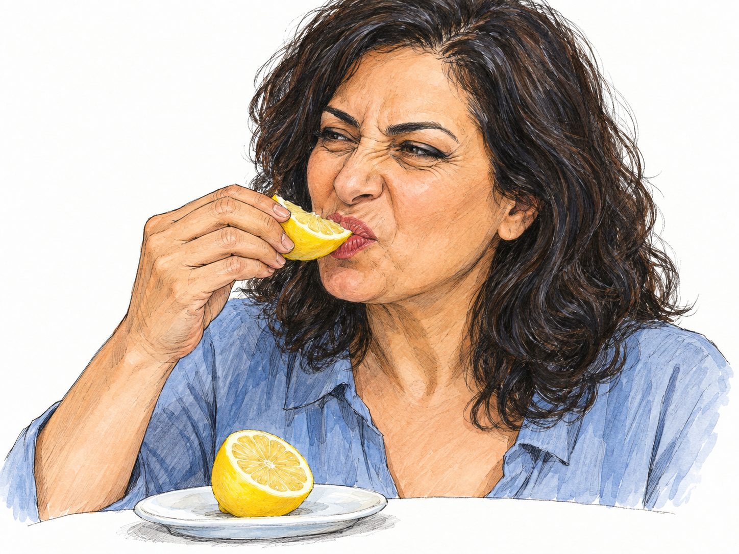 A woman reacts to the sharp sour flavor of a freshly bitten lemon wedge, making flavor perceived in the mouth visible through the food-to-mouth contact and immediate puckered expression.