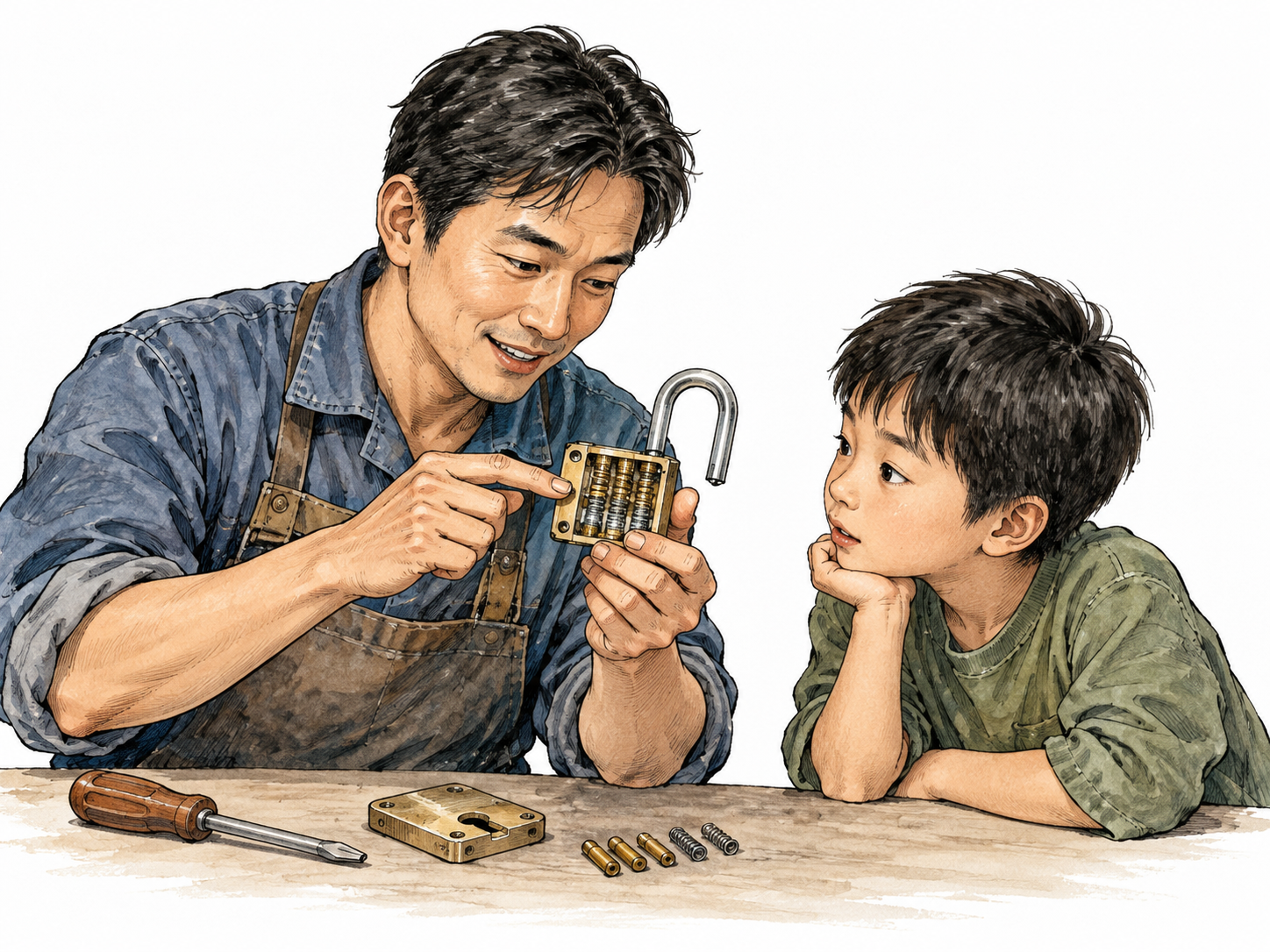 An East Asian mechanic opens a simple lock to show its clear inner mechanism to a curious learner, removing mystery.