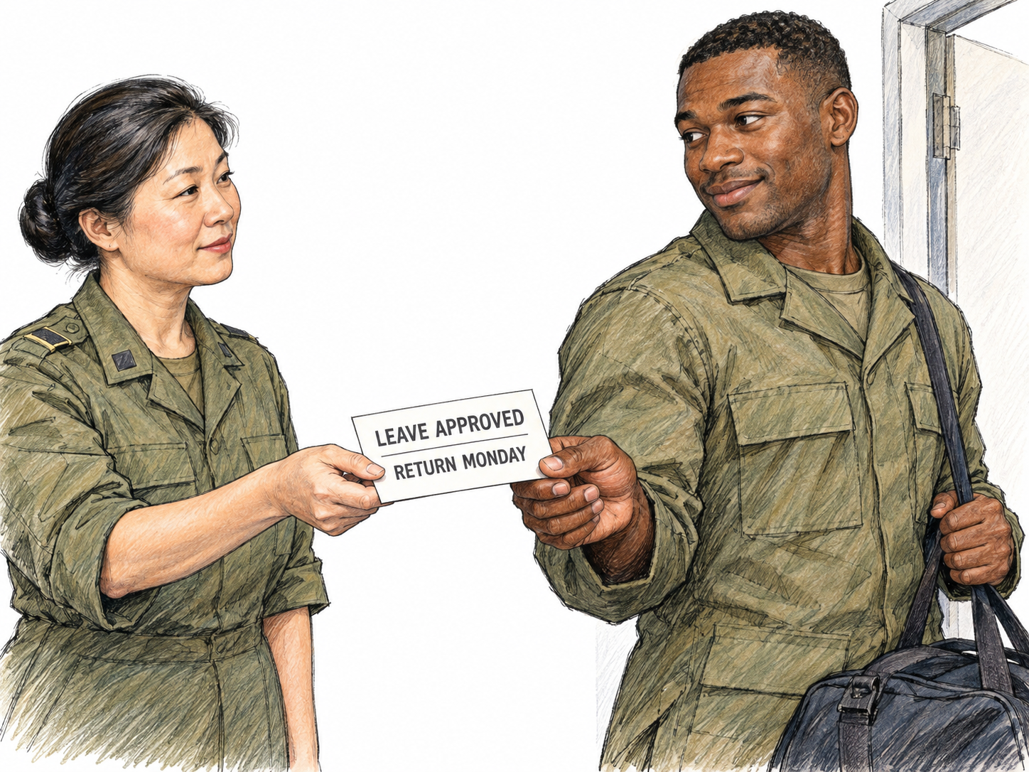 A service member leaves duty with an overnight bag and an approved leave pass giving a return day; the pass makes permission and temporary absence explicit.