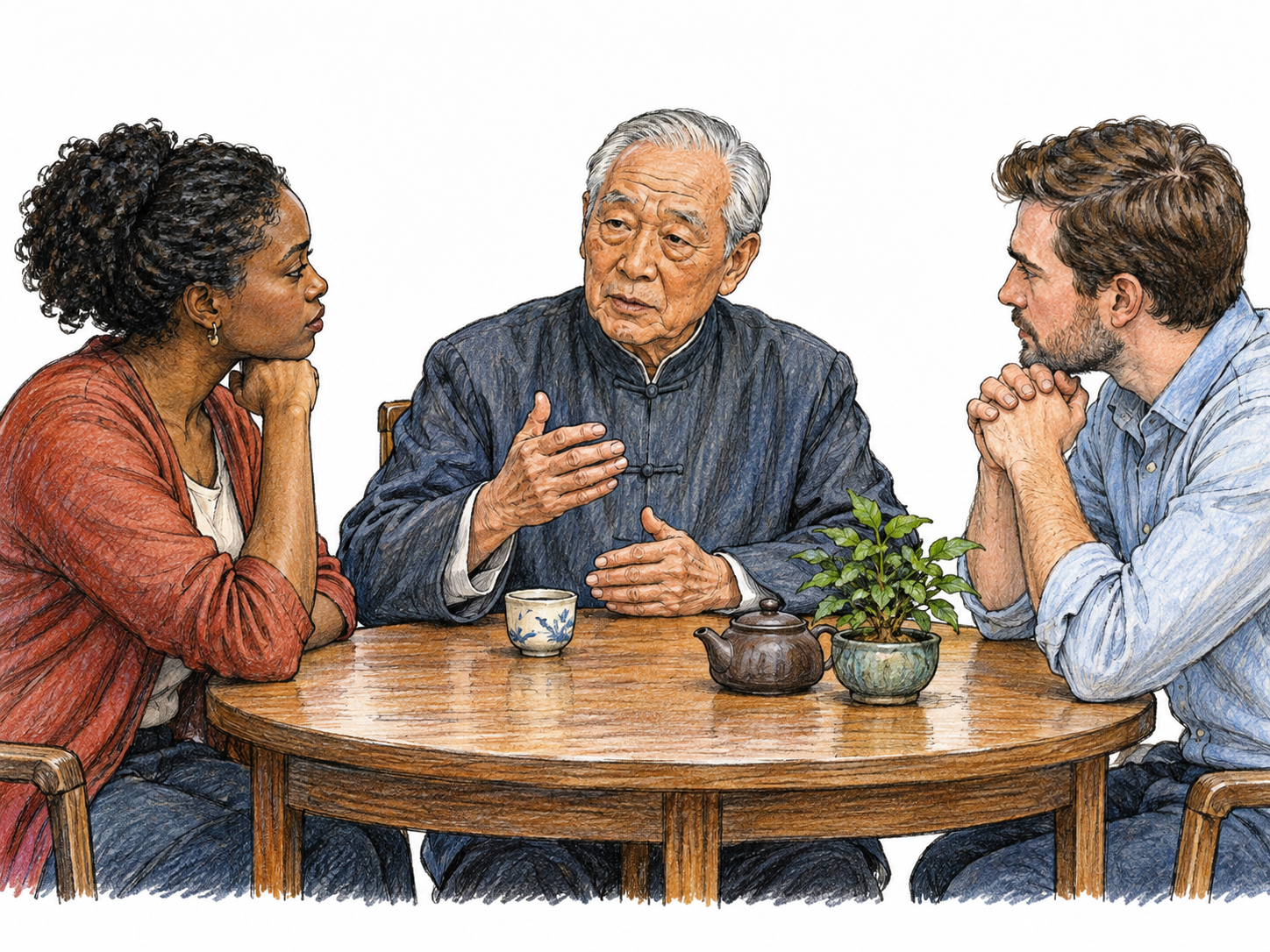 An elder speaks calmly and seriously at a small table while two adults give respectful attention, dignified posture and restrained gesture conveying gravitas; no lectern text or formal insignia.