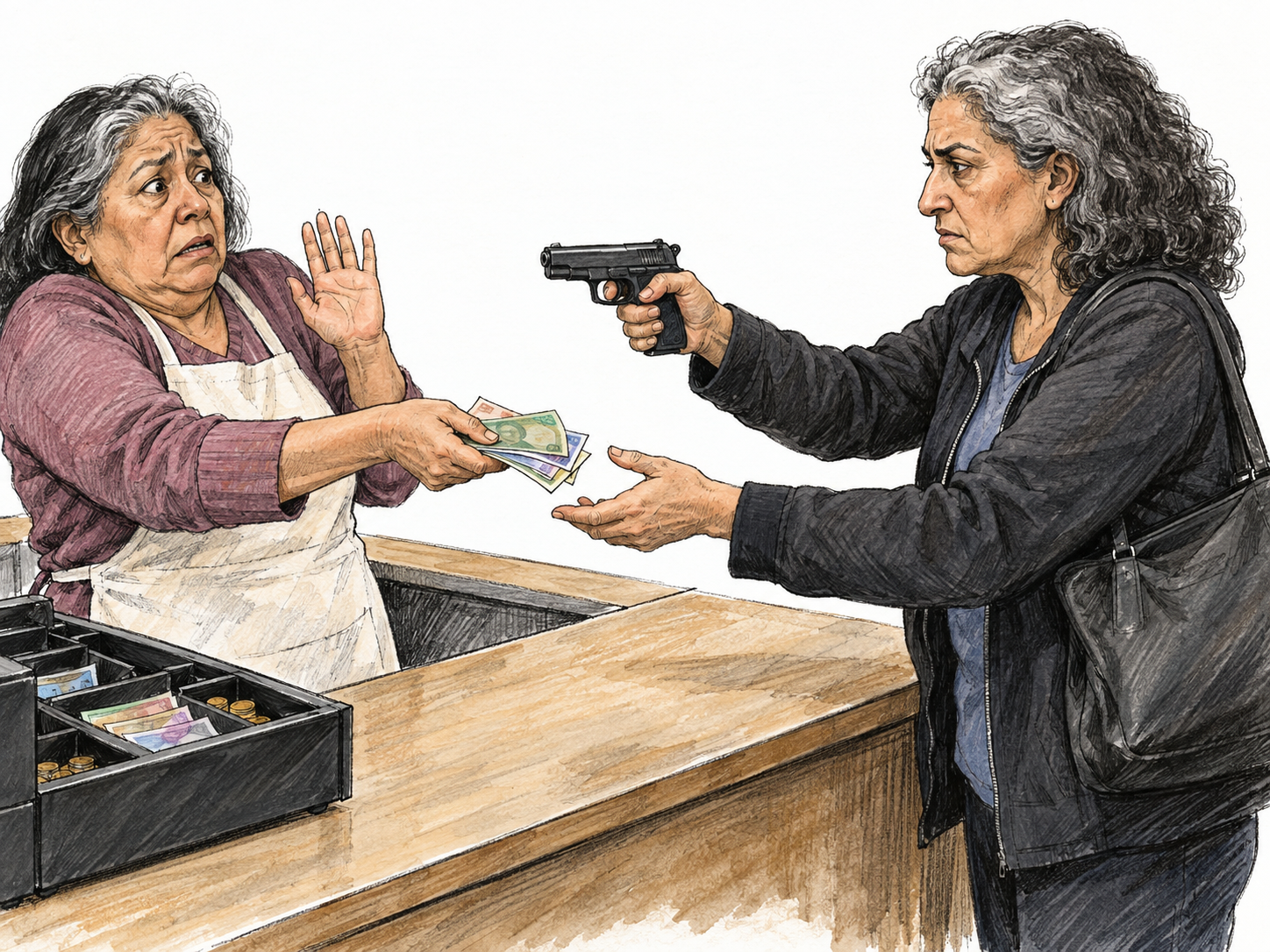 An armed robber forces a frightened shopkeeper to surrender cash: the visible handgun threat and reluctant transfer show an action compelled by duress.