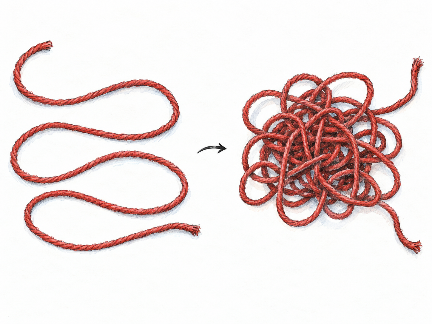 A loose length of yarn becomes tangled: a simple two-stage view shows several open strands on the left and the same colored strands caught in a dense, irregular snarl on the right.
