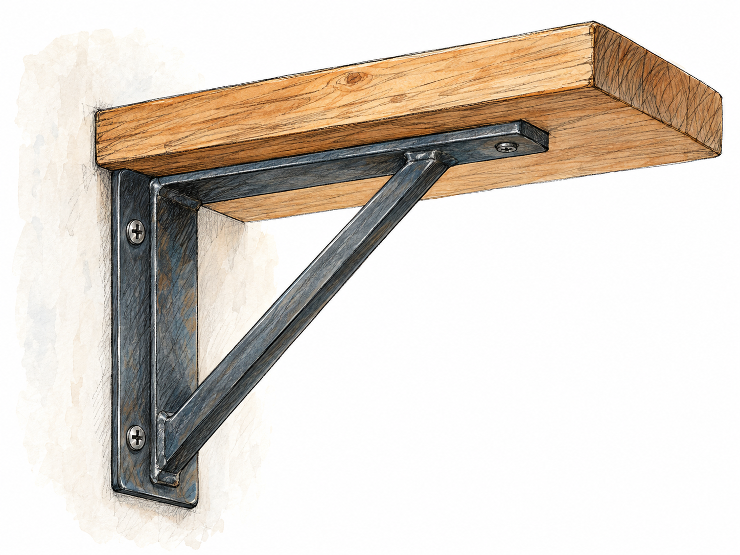 A close three-quarter view of a triangular metal shelf bracket visibly supporting a wooden shelf, emphasizing its wall attachment, horizontal supporting arm, and diagonal brace.
