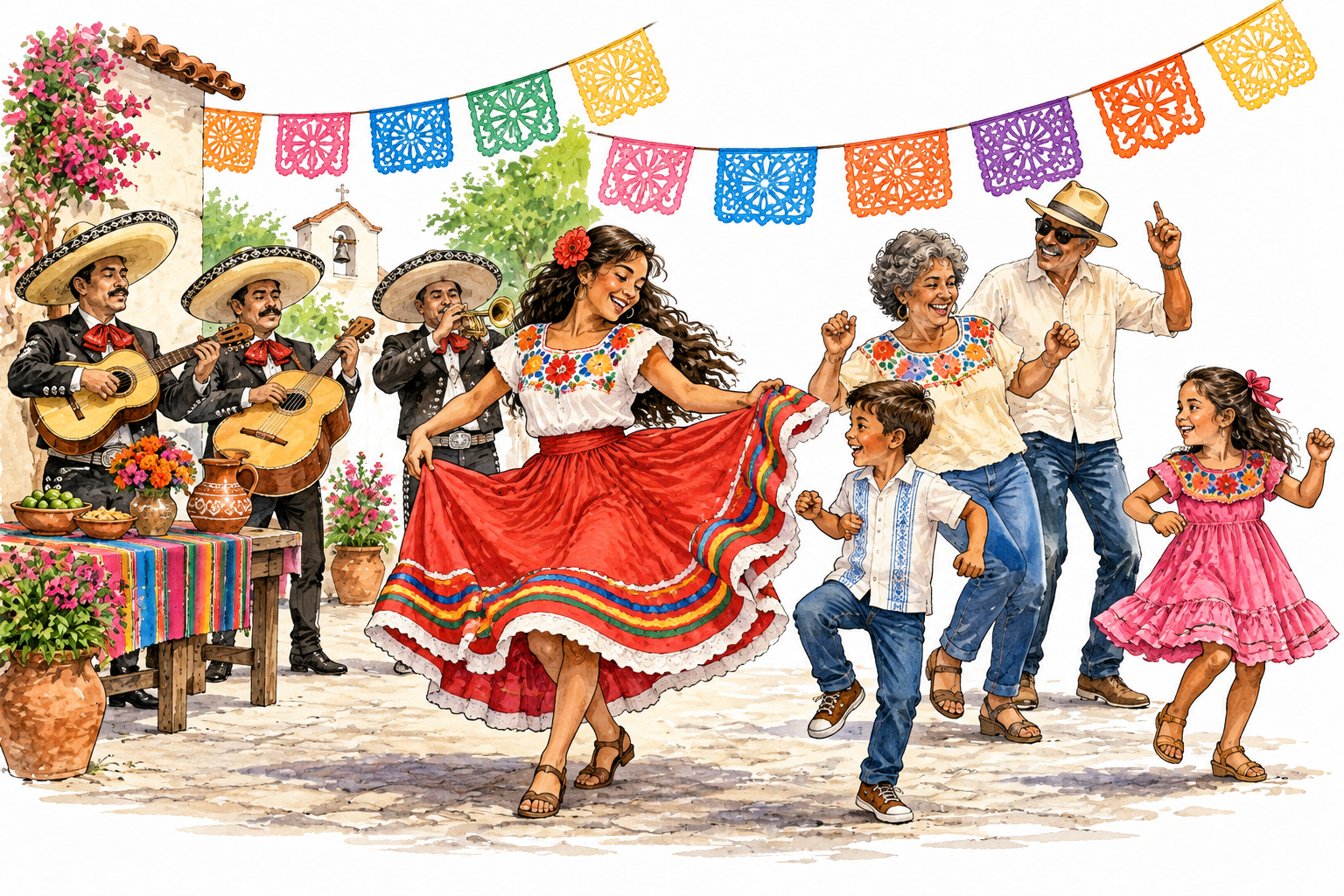 Mexican community fiesta with papel picado, musicians and varied-age dancers in contemporary clothing, warm celebration.