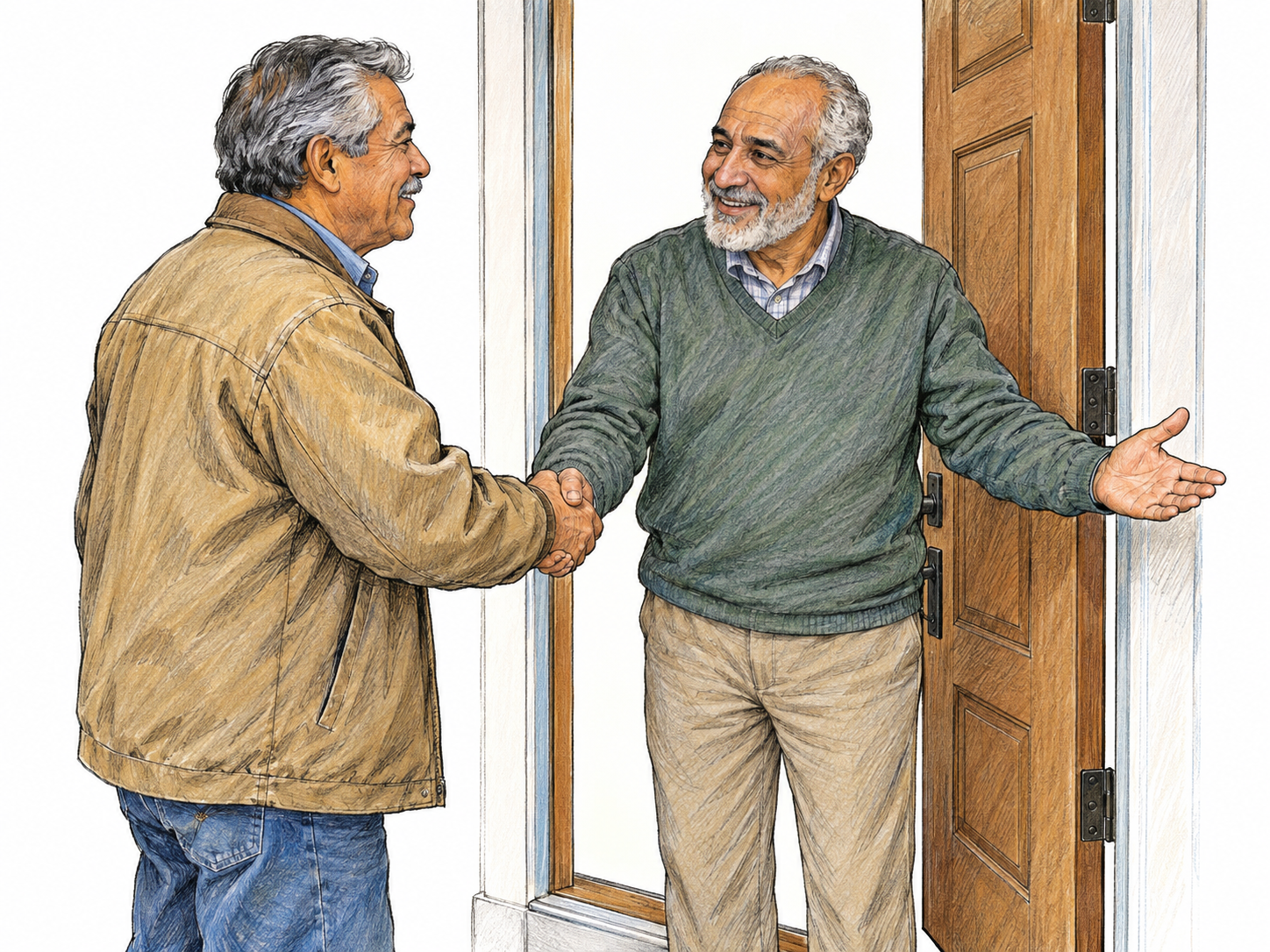 An older host welcomes an arriving older visitor at an open front door with a friendly handshake and an inviting gesture into the home.