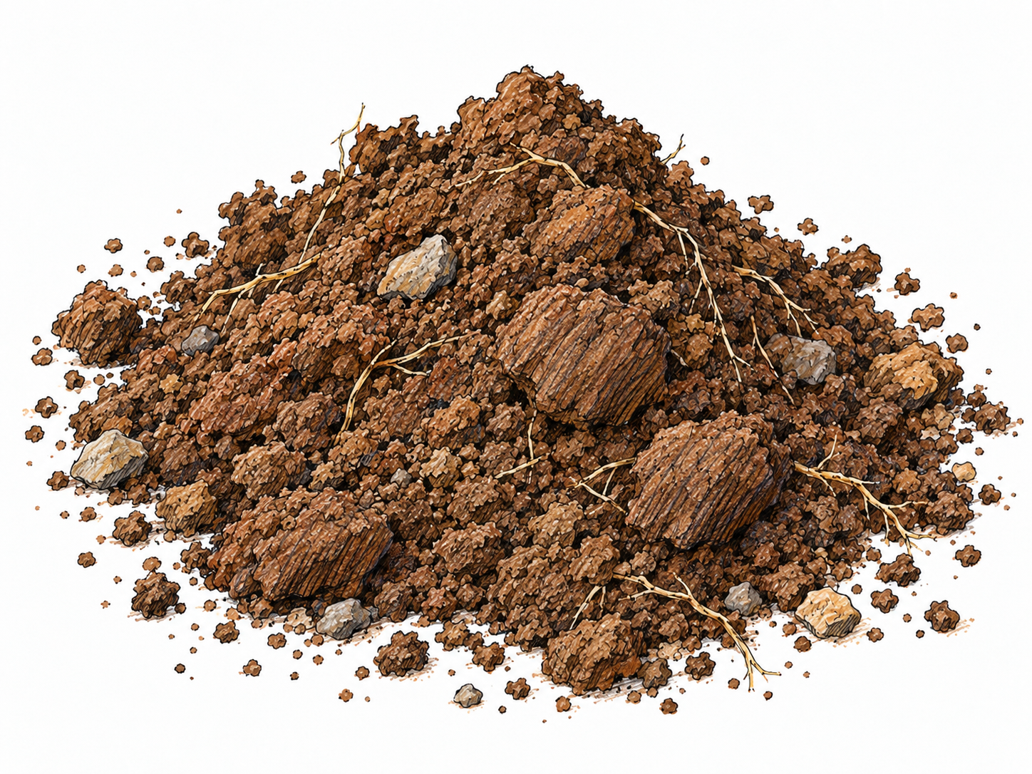 A close, simple study of a small heap of loose brown soil, with crumbly clods and scattered fine grains clearly visible on white ground.