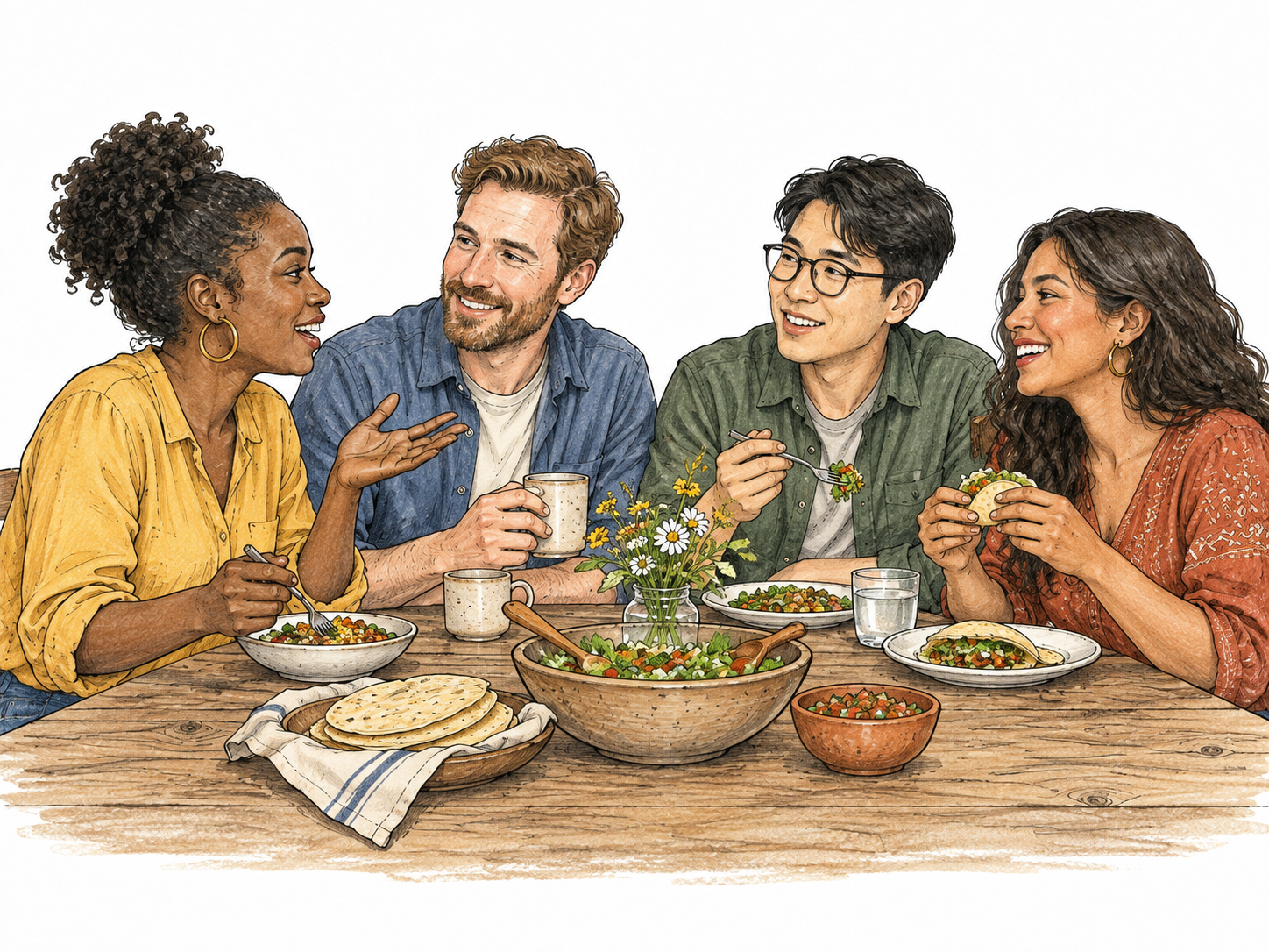 A small mixed group shares food and conversation around community table, natural social companionship.