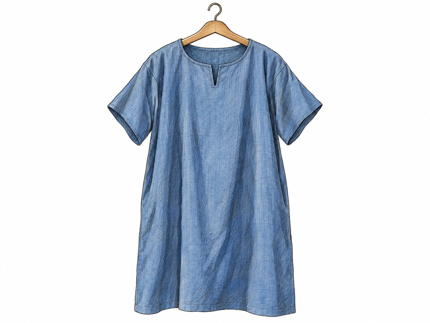An isolated loose, knee-length tunic displayed front-facing on a plain hanger, with its shoulder line, short sleeves, roomy body and straight hem clearly visible.