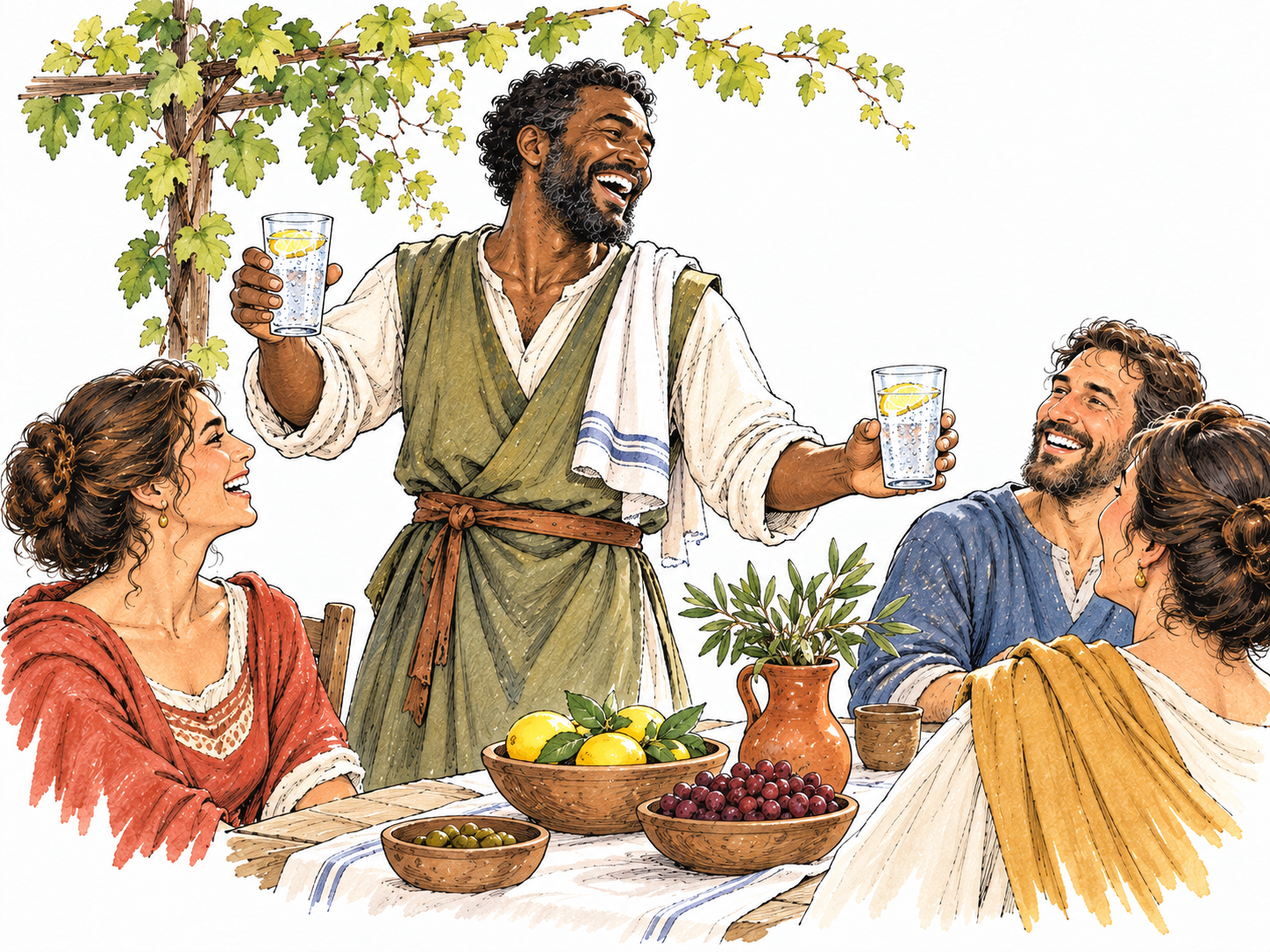 A dark-skinned adult host laughs with lively open gestures while carrying two visibly bubbling glasses of sparkling water at a small garden gathering, showing exuberance and effervescence without lettering.