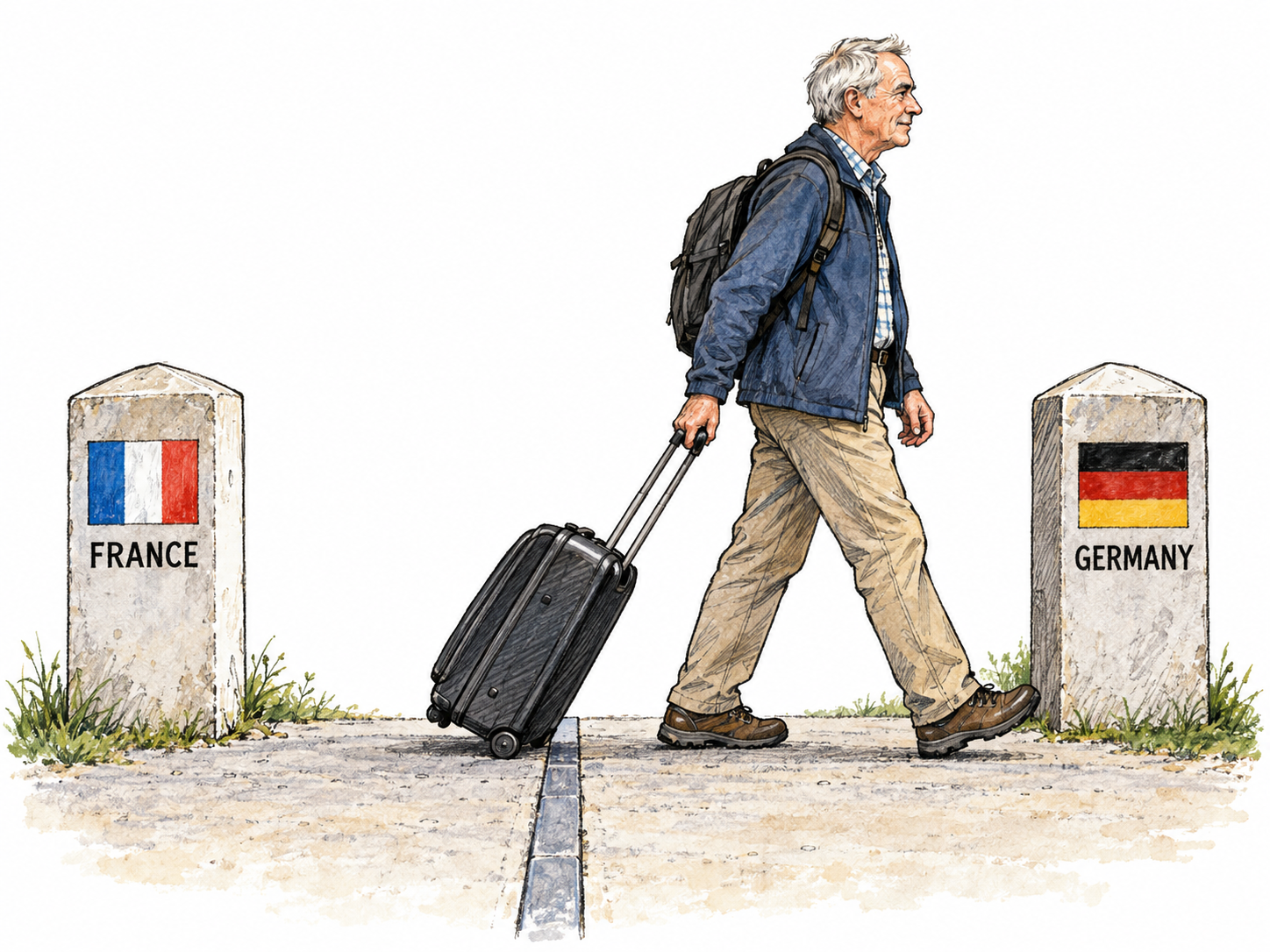 An older traveler pulls a suitcase across a clearly marked international boundary from France into Germany.