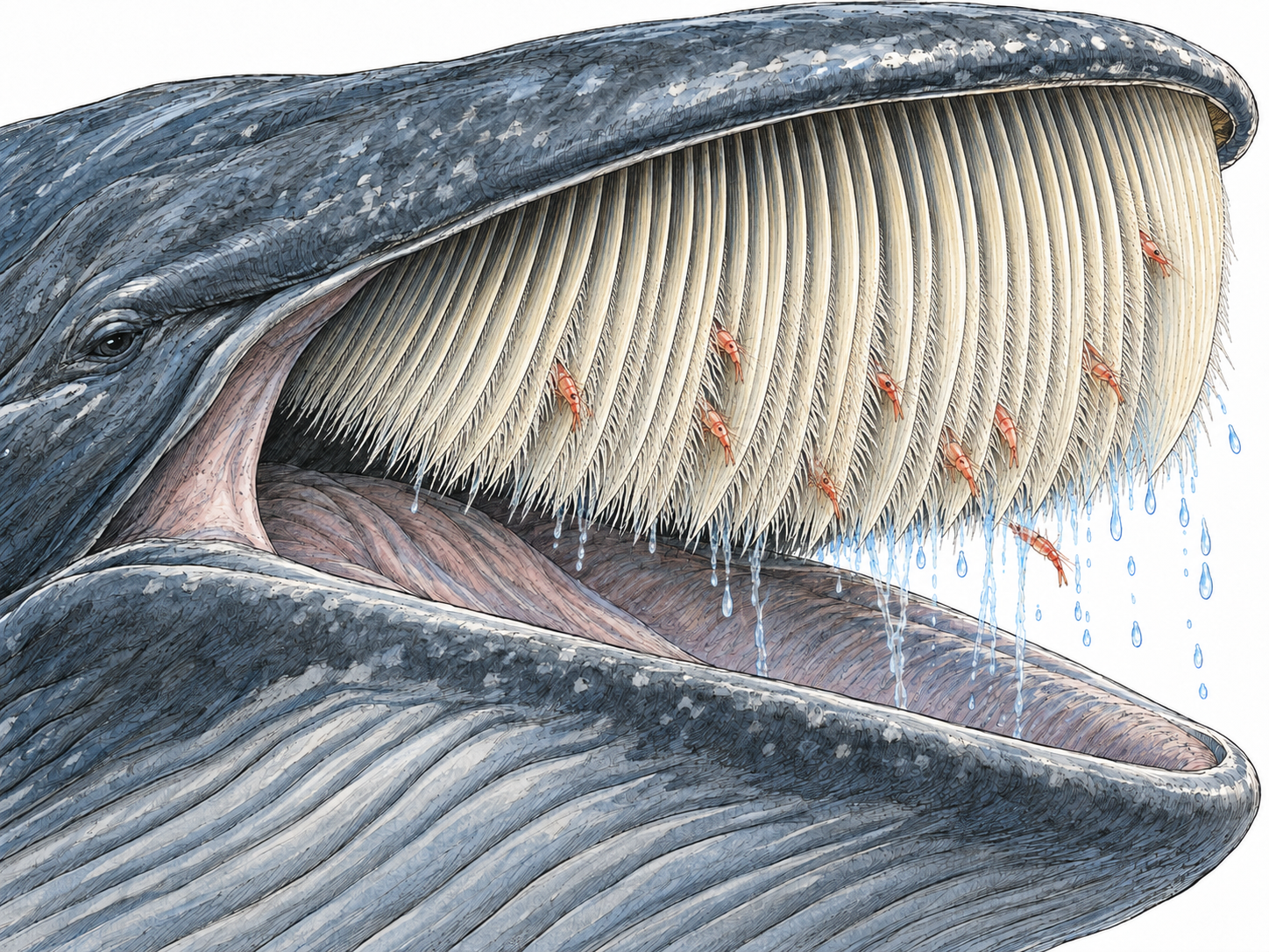 Close anatomical view of a baleen whale’s open mouth, showing overlapping flexible plates hanging from the upper jaw, their inward-facing bristly fringes retaining small krill as water drains through.