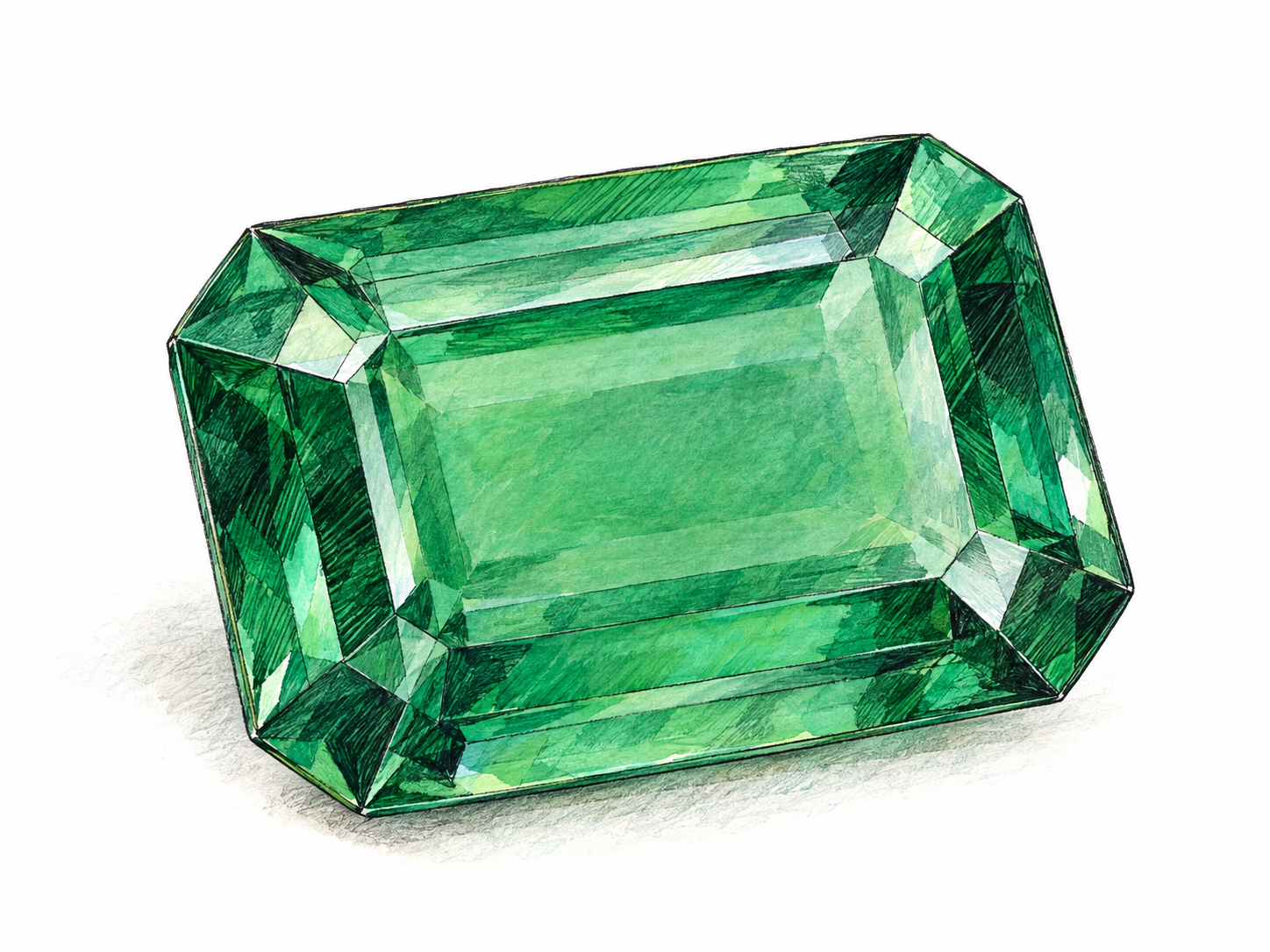 A single richly colored, cut emerald resting on a plain white surface, its crisp facets and transparent green interior clearly identifying a precious gemstone.