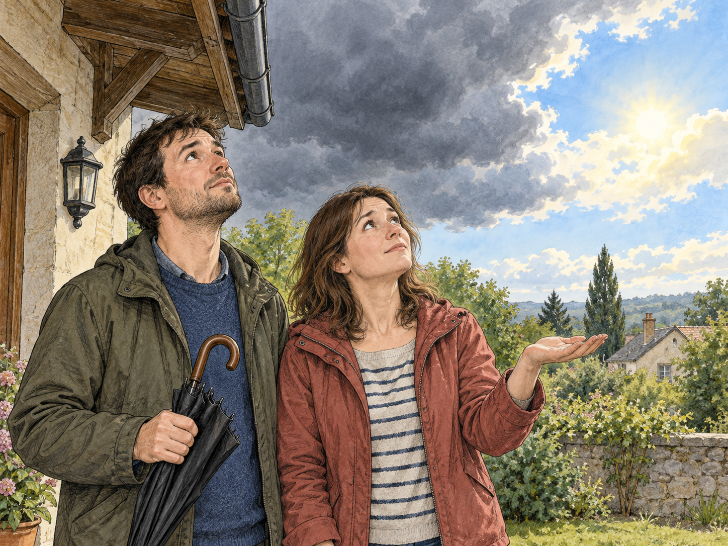 Adults consider possible rain under mixed skies.