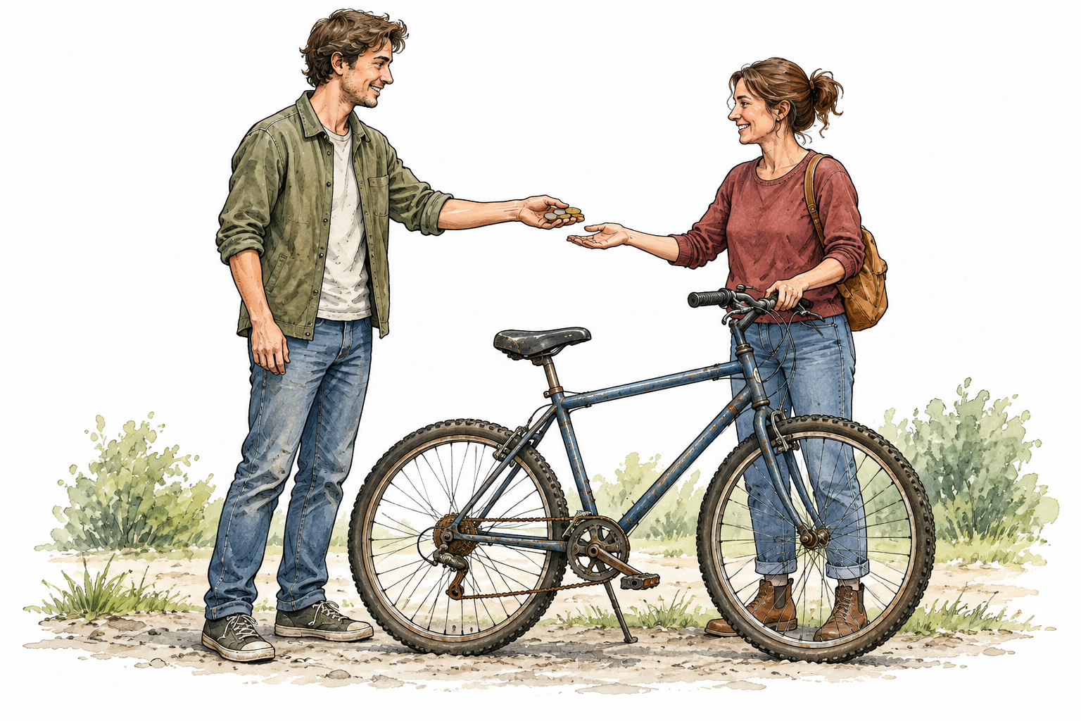A young adult sells a used bicycle to another adult, worn bicycle and coins changing hands, second-hand sale.