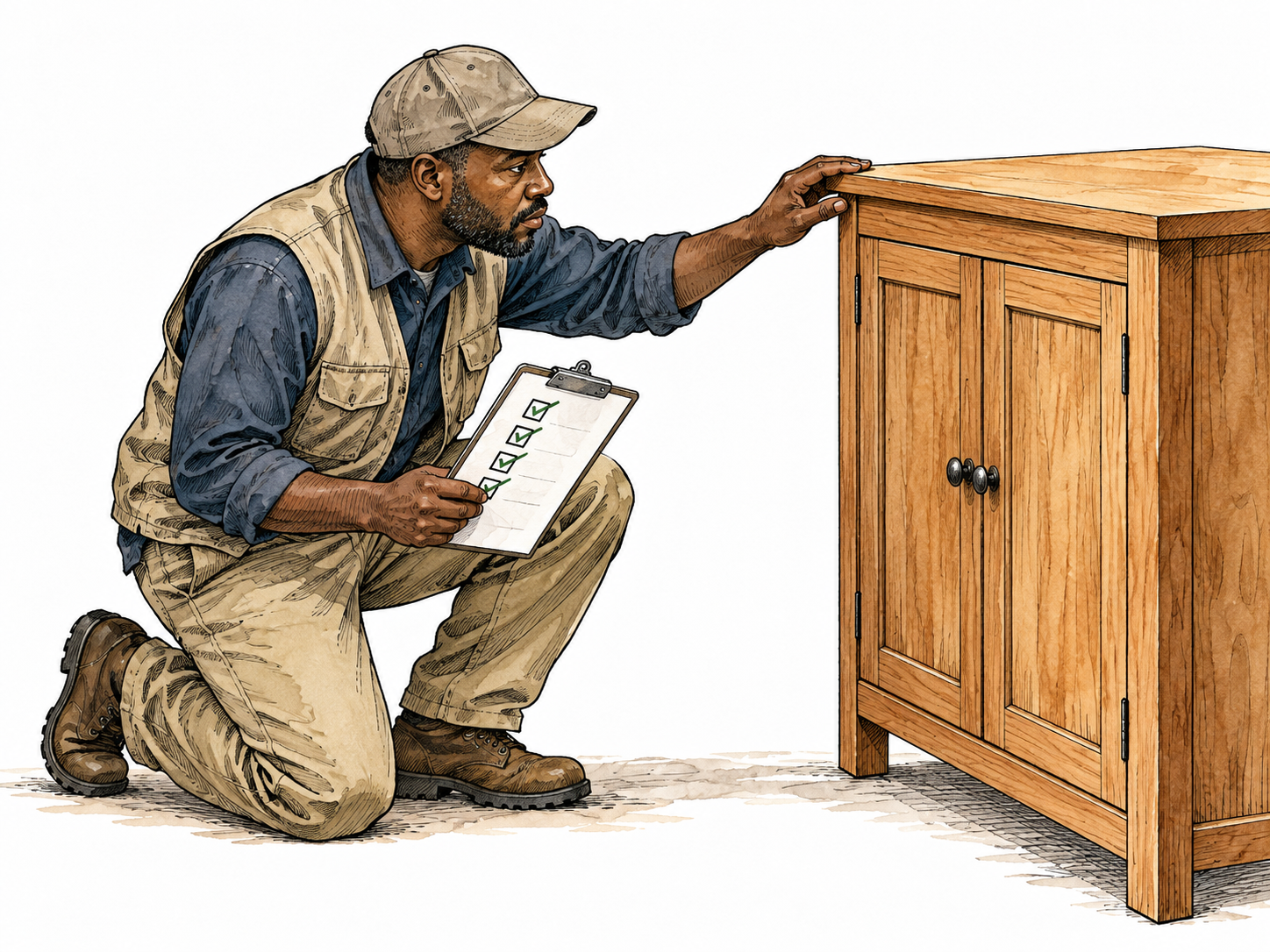 A Black inspector carefully checks every corner of a finished wooden cabinet with a small checklist.