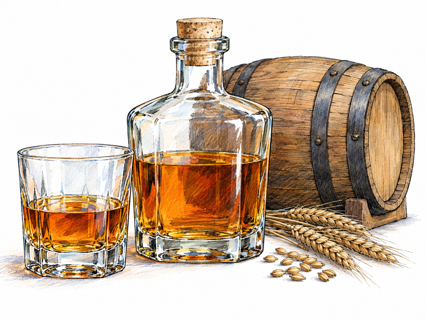 A whiskey still life: amber spirit in a heavy-bottomed tumbler beside an unlabelled whiskey bottle, with a small oak aging cask and barley heads establishing the grain-spirit context.