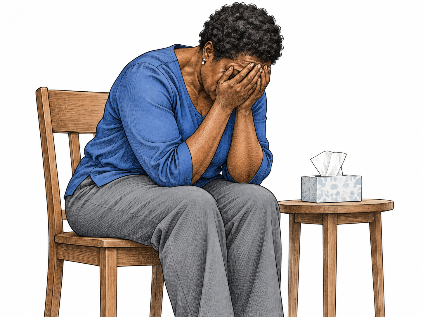 An adult sits curled on a simple chair with head bowed into both hands and shoulders tense in overwhelming grief, one ordinary unmarked tissue nearby; depict severe mental anguish respectfully, no injury, gore or sensational backdrop.