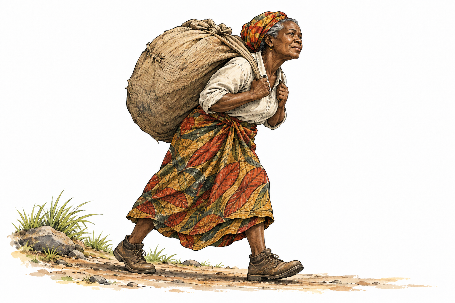 Strong older Black woman carries a heavy sack with steady effort.