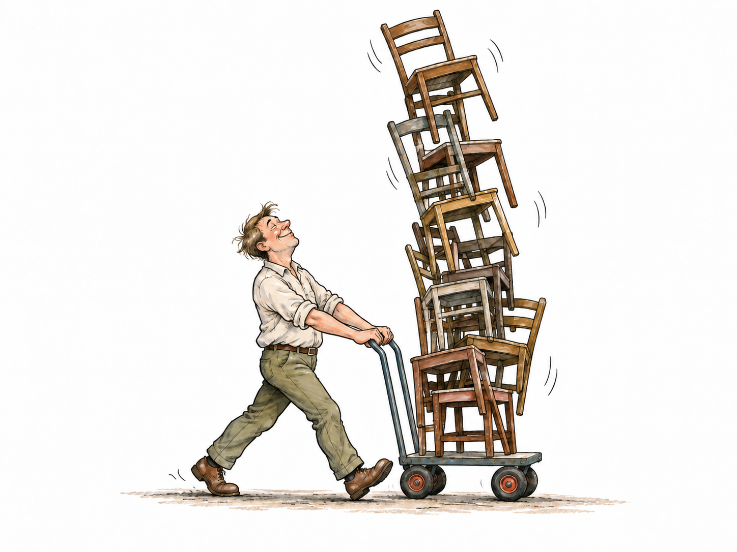 A wildly foolish adult tries to transport an impossibly tall unstable stack of empty chairs on a tiny handcart, ignoring the obvious imbalance; no injuries, no mental-health stereotype.