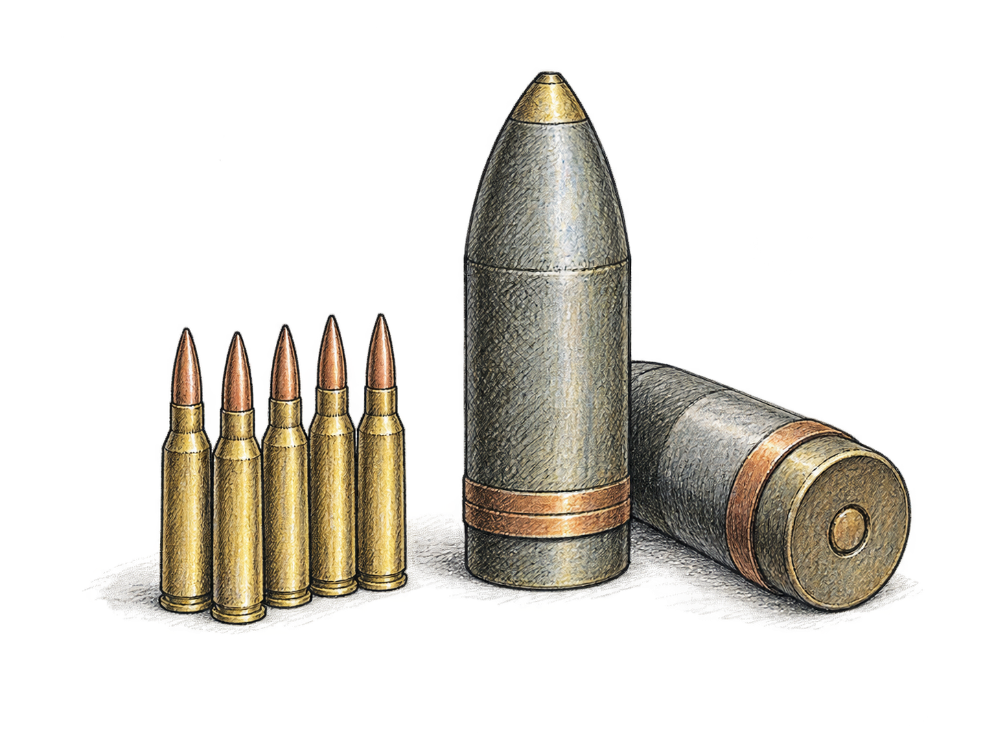 A small orderly group of rifle cartridges beside two larger artillery shells, inert objects displayed on white, no gun, no labels, no assembly diagram.