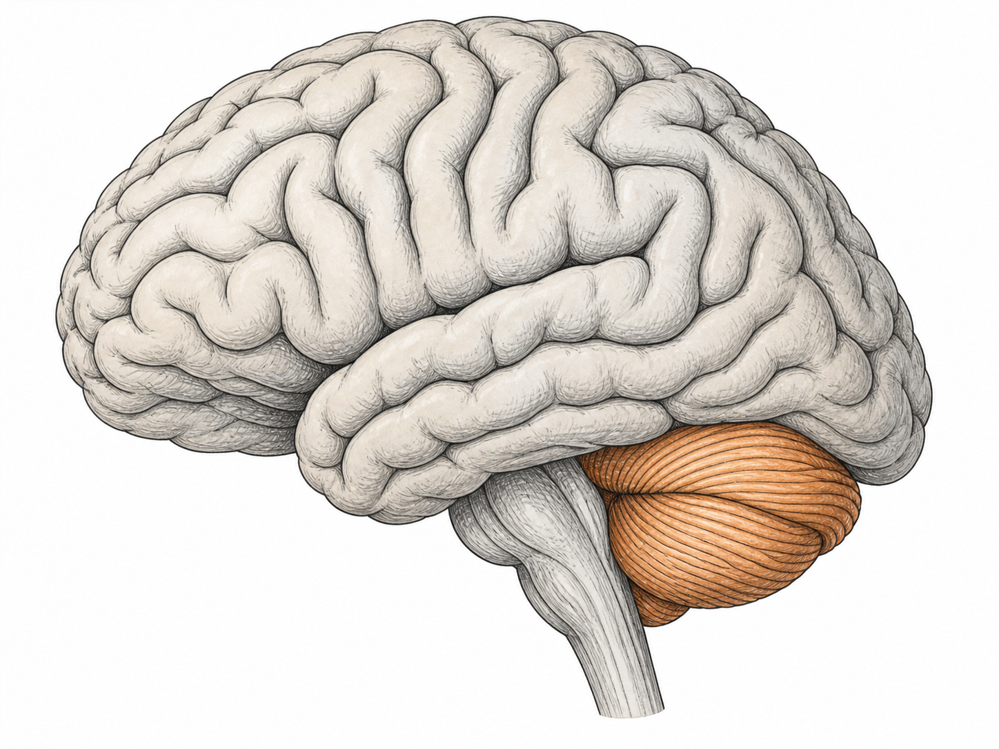 An anatomically accurate lateral human brain illustration emphasizes the small cerebellum at the BACK and BELOW the large cerebrum in muted warm orange; cerebral hemisphere and brainstem remain pale gray so the cerebellum is clear, its fine parallel folia distinct from broad cerebral folds.