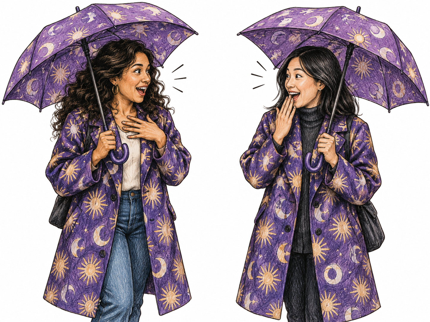 Two strangers unexpectedly meet wearing precisely matching unusual patterned coats and holding matching distinctive purple umbrellas; both react with amused surprise, no shop or street panorama.