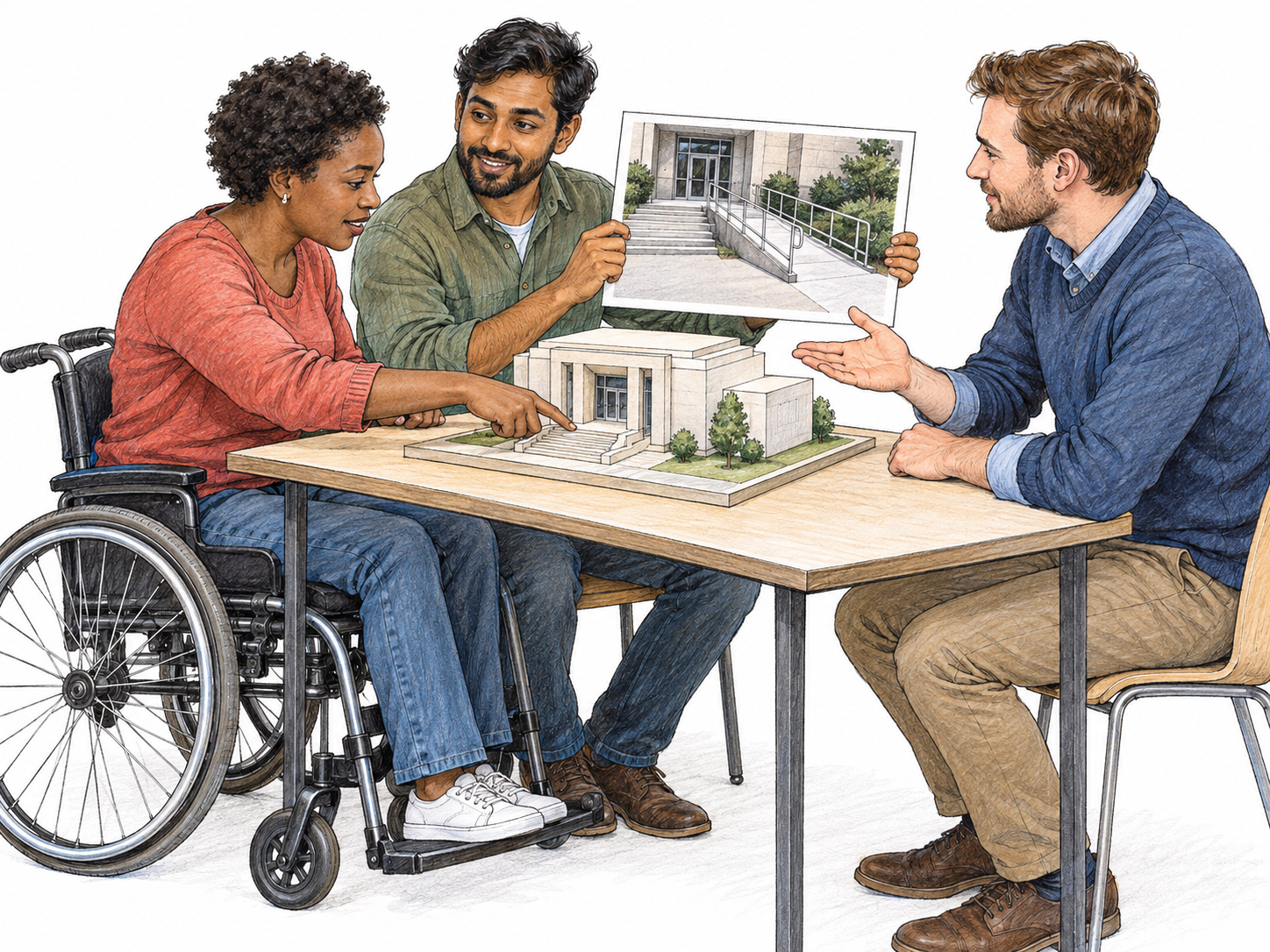 An apropos contribution to an accessibility discussion: while participants examine the stairs at a model entrance, another participant introduces a photograph of a ramp serving a comparable entrance.