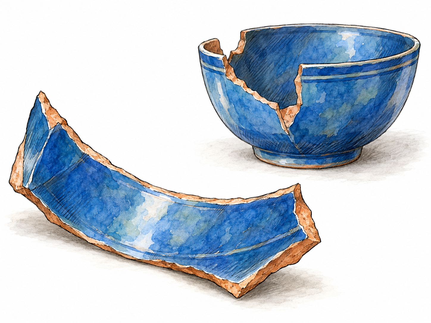 A single large, sharp pottery fragment in the foreground, with a broken bowl behind it whose missing section matches the fragment.