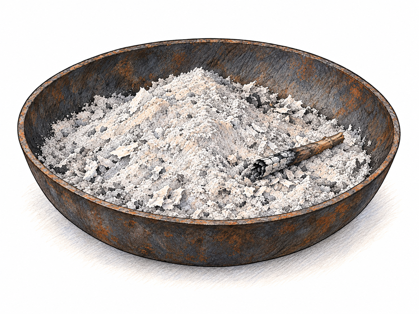 A close view of a shallow fire bowl containing a soft mound of pale gray powdery ash, with a few fragile white flakes and a partly consumed blackened twig showing its origin in burning.