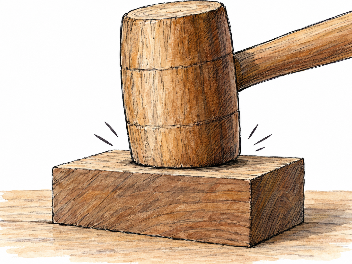 A heavy wooden mallet striking a thick wooden block, with a few short vibration strokes at the contact point to suggest a dull, solid clunk rather than a sharp metallic ring.