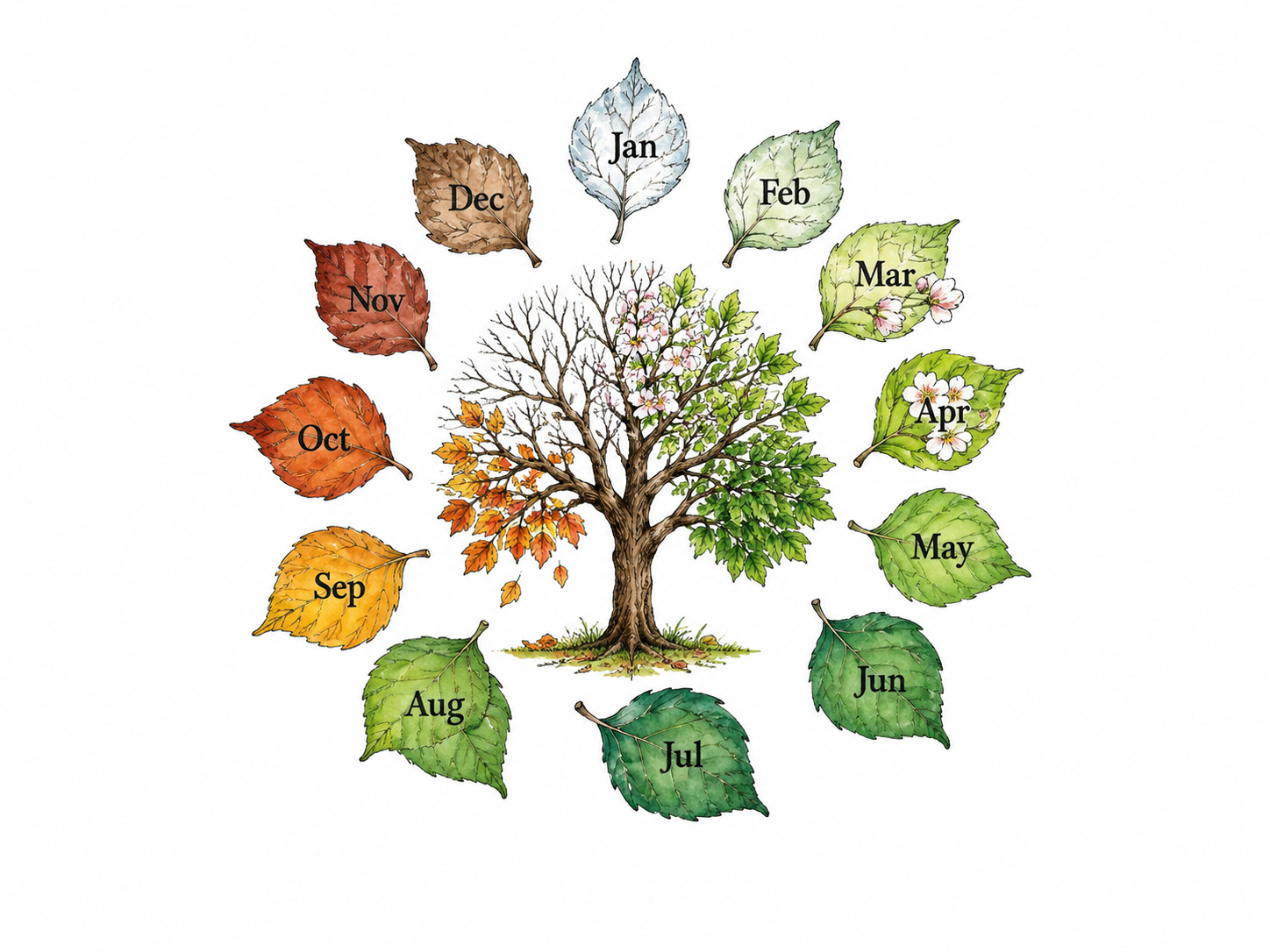 Twelve small calendar leaves arranged in a neat circular ring around one small deciduous tree.