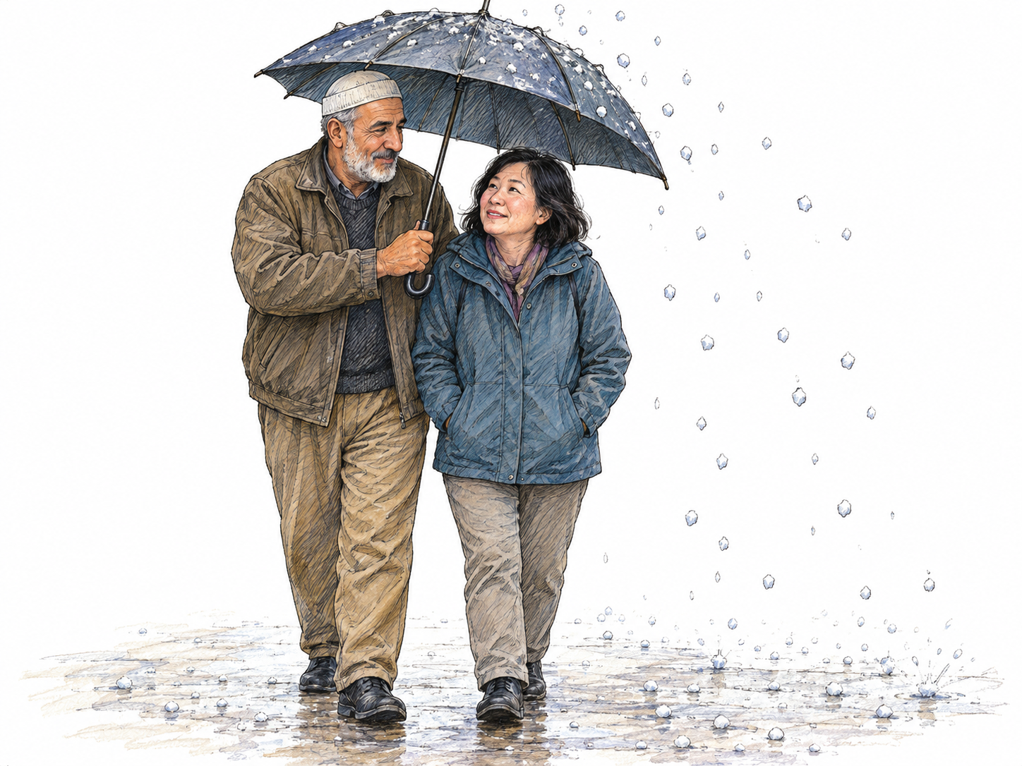 An older man protects a middle-aged woman from falling hail by holding a broad umbrella securely over her as they stand together.