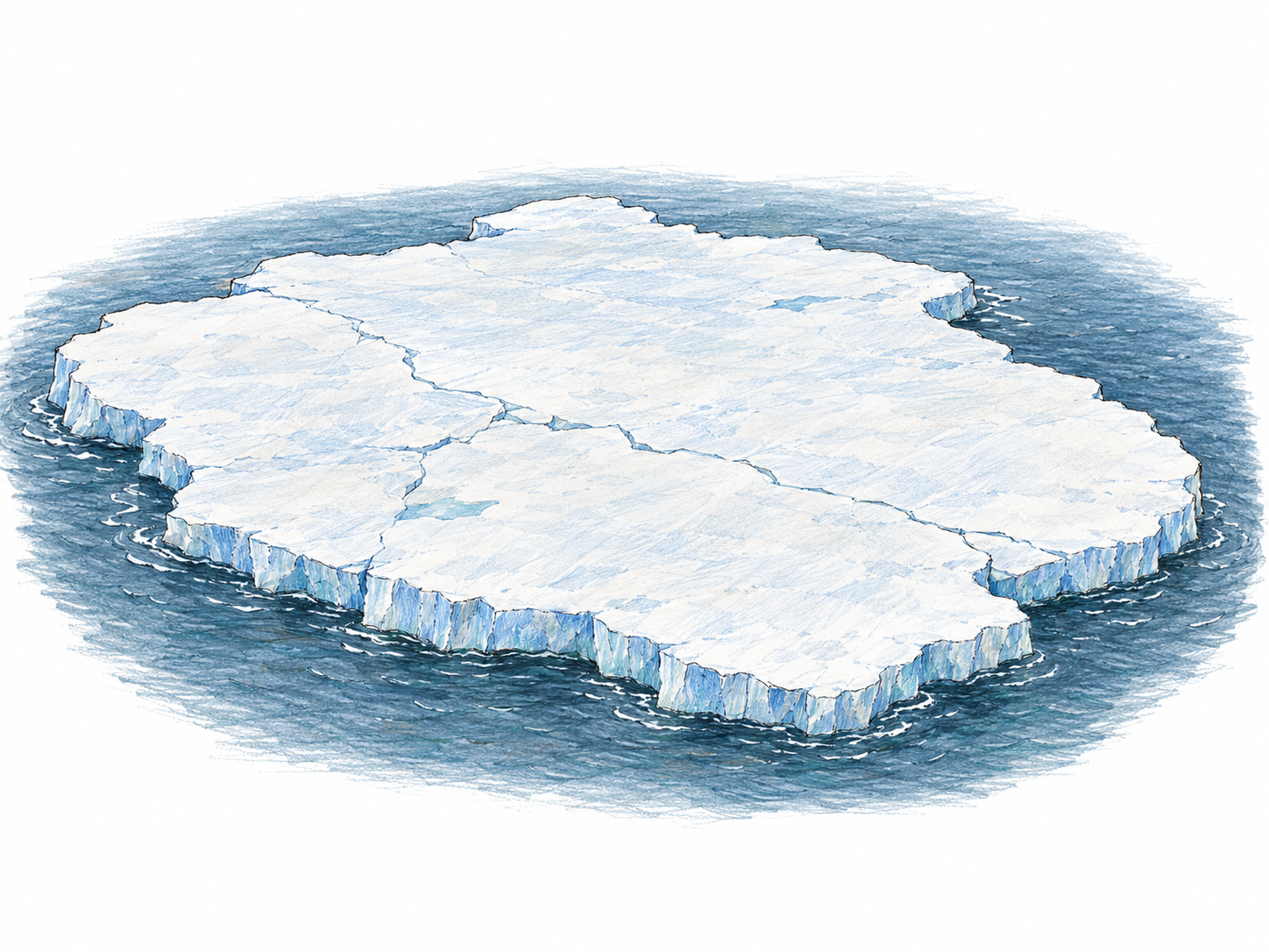 A broad, flat sheet of ice floats independently in cold open water, its entire irregular perimeter surrounded by water and its shallow blue-white edge clearly visible.