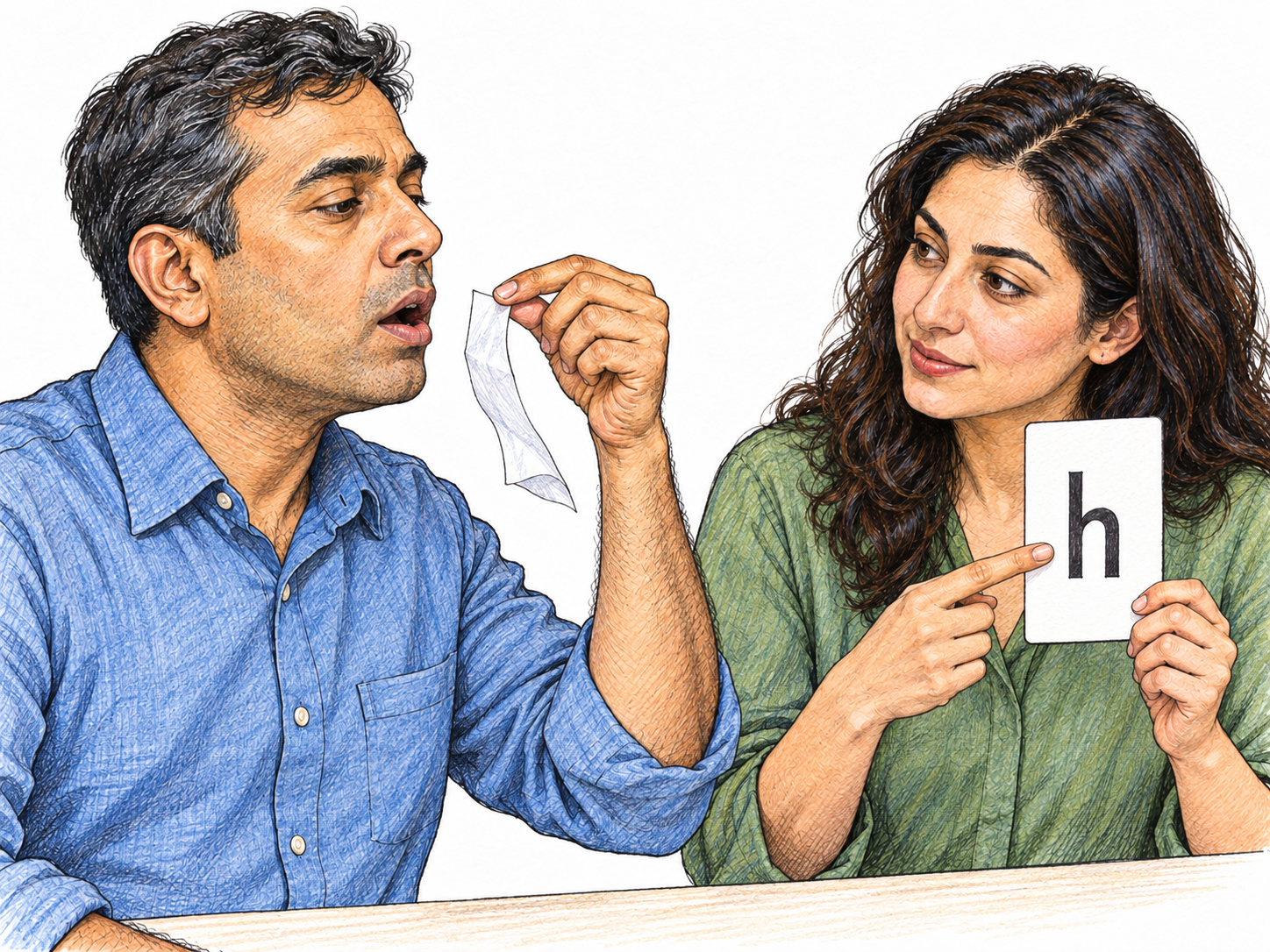 A pronunciation lesson: a learner practices the sound on a single-letter h exercise card while holding a light tissue before his relaxed, open mouth; the tissue lifts with his breath.