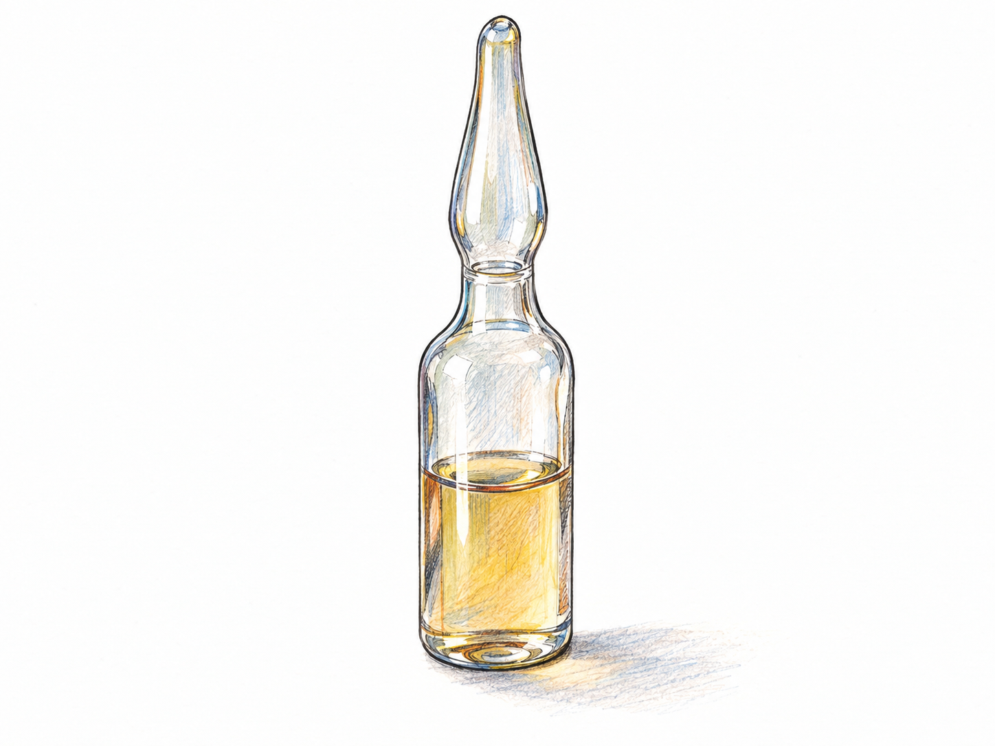 A close-up of a hermetically sealed glass ampoule: its narrow neck terminates in a solid, fused glass tip, leaving no opening through which its contents could contact the outside.