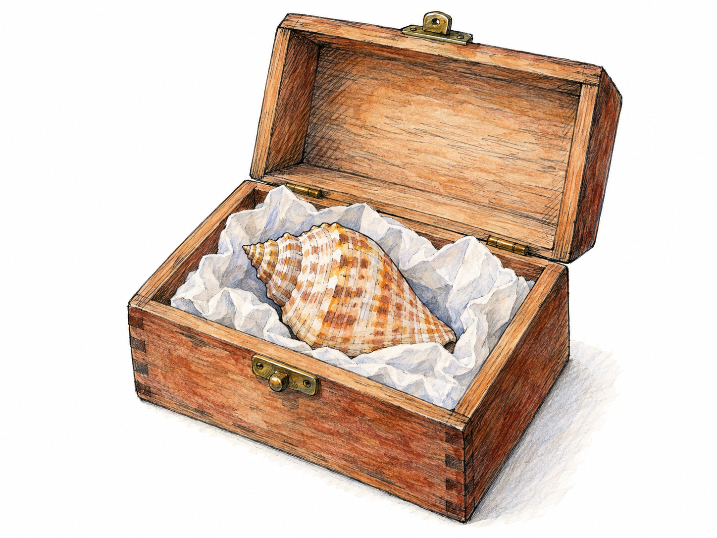A small open keepsake box holds a carefully preserved seashell nestled in tissue paper, suggesting a treasured reminder of a seaside visit rather than an ordinary collection.