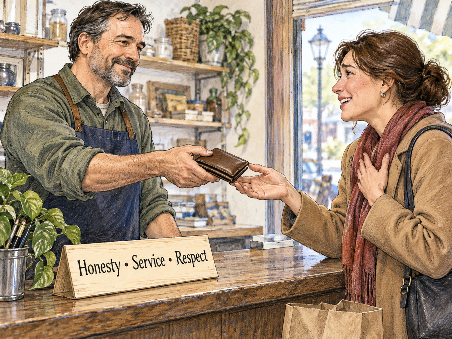 An actual three-principle code beside a shopkeeper returning a wallet.