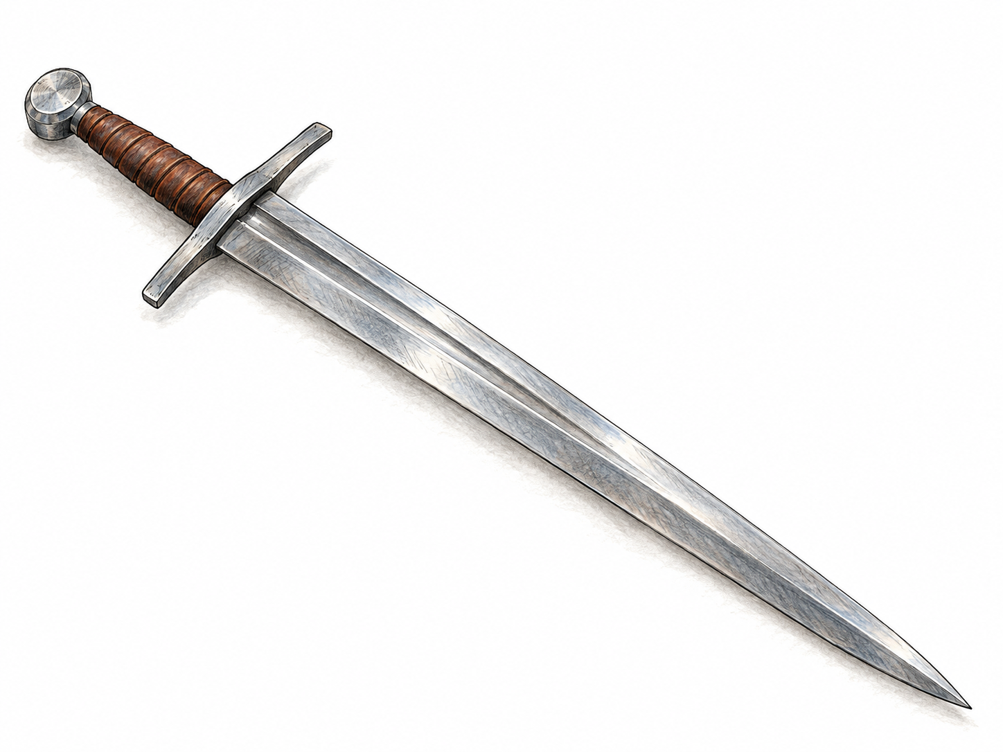 A single recognizable steel sword, shown whole with its pointed blade, crossguard, and wrapped grip clearly visible.
