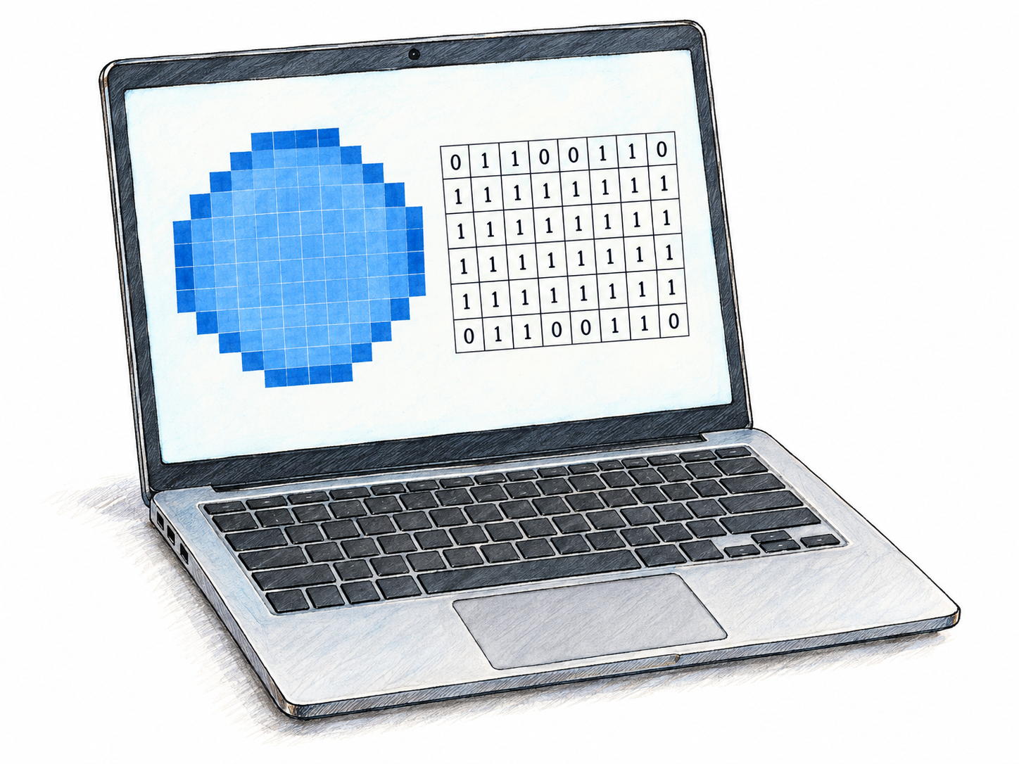 An open laptop displays a simple pixel image beside a compact grid of binary digits, making computers and numerically represented information visible without a human subject.