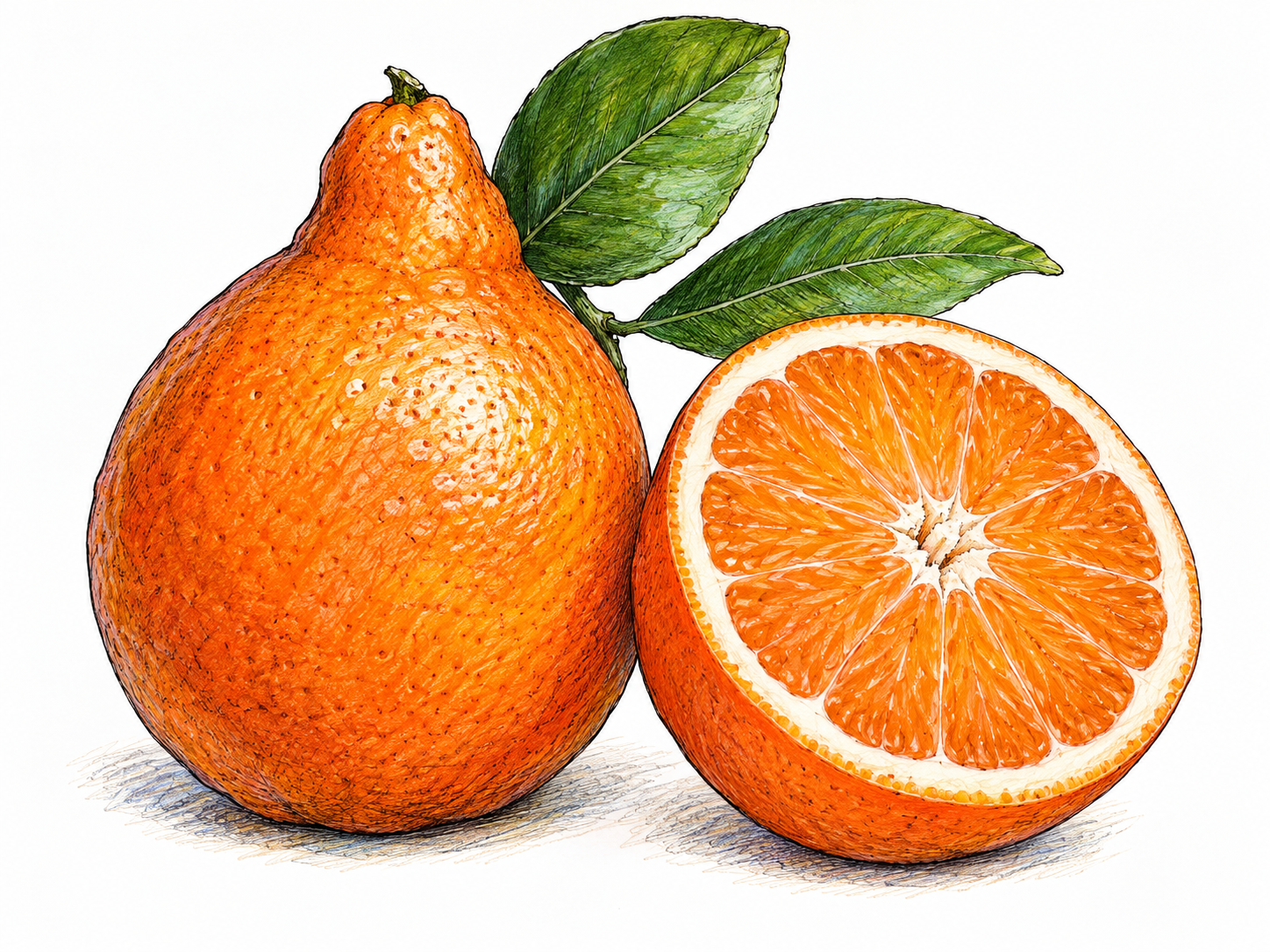 A ripe tangelo with its characteristic protruding neck beside a neatly halved tangelo showing orange segments, two green leaves and no other fruits; accurate citrus botanical form.