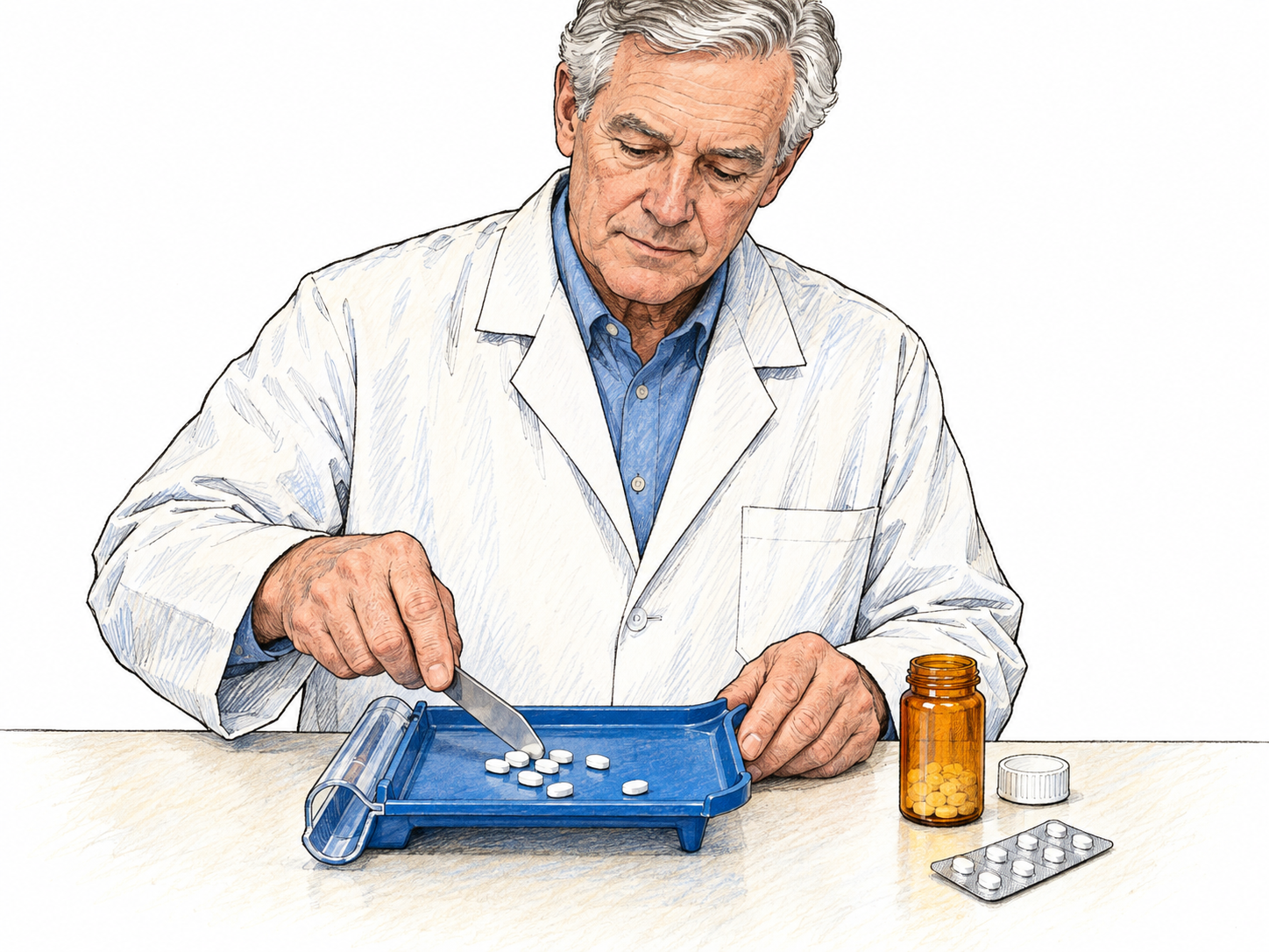A pharmacist counts tablets with a spatula on a pharmacy counting tray beside an open amber medicine vial, making medicine preparation the unmistakable focus.
