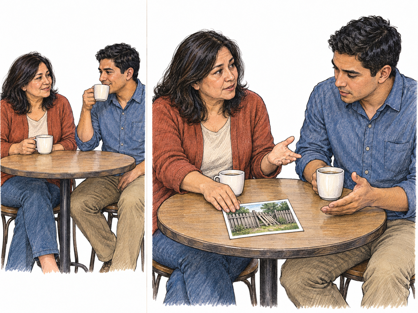 Two panels move from casual coffee to a woman presenting a damaged-fence photograph.